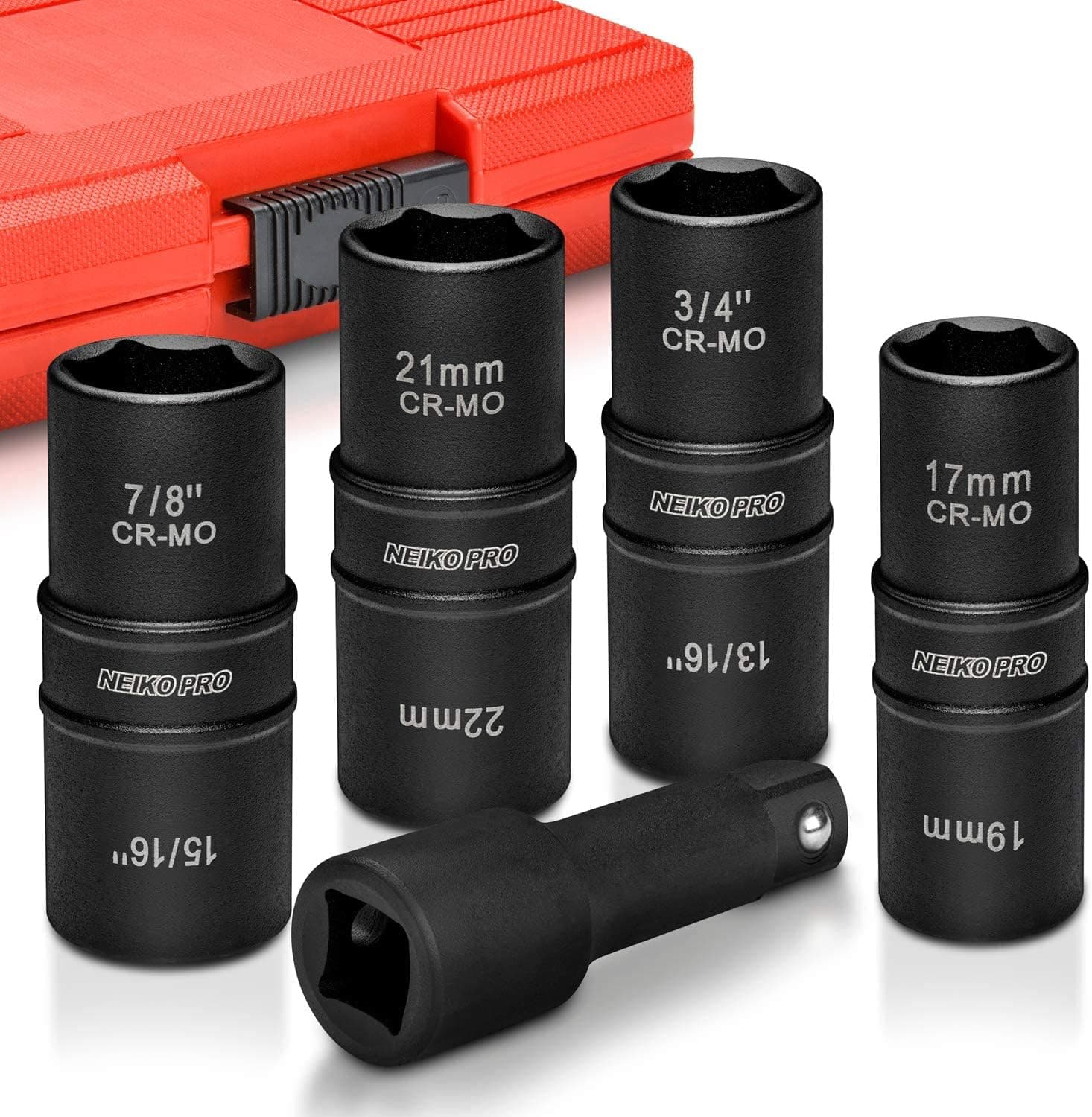 02282B 1/2" Drive Impact Socket Set | Flip Socket Set | 5 Piece Thin Wall Lug Nut Set | 8 Standard SAE and Metric Deep Sizes | Includes 3-Inch Extension Bar | Chrome Moly Steel