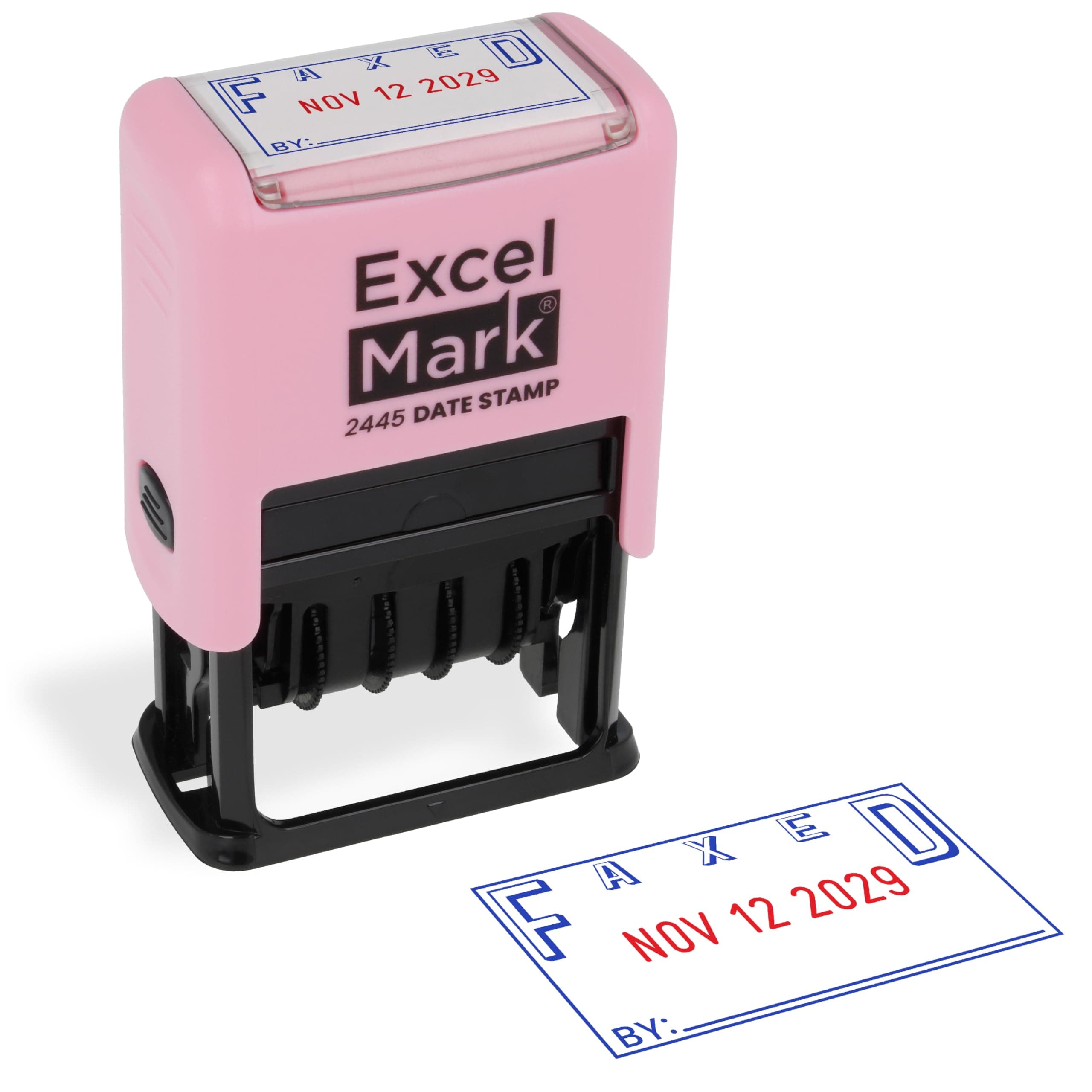 ExcelMark 2445 Date Stamp with Text - Blue and Red Ink (Pink Mount, Faxed)