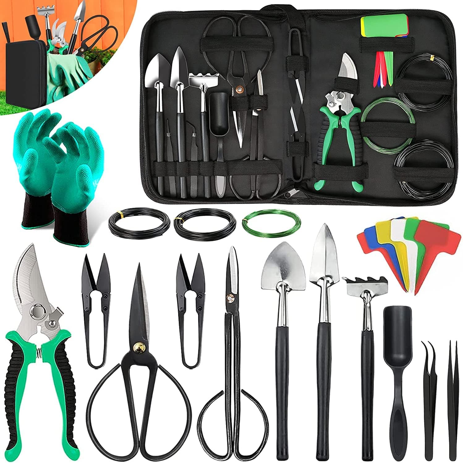 DFMZDST Bonsai Tools Set - 24 PCS Bonsai Tree Tool Kit Succulent Gardening Tools Set Include Pruning Shears, Carbon Steel Bonsai Scissors, Leaf Cutter, Bonsai Starter Gardening Gifts for Women & Men