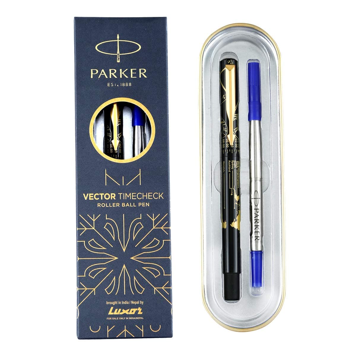 Special Edition Vector Time Check Gold Trim Roller Ball Pen | Ink Color Blue | Navigator Technology | Moulded Cap & barrel in world wide time Zones