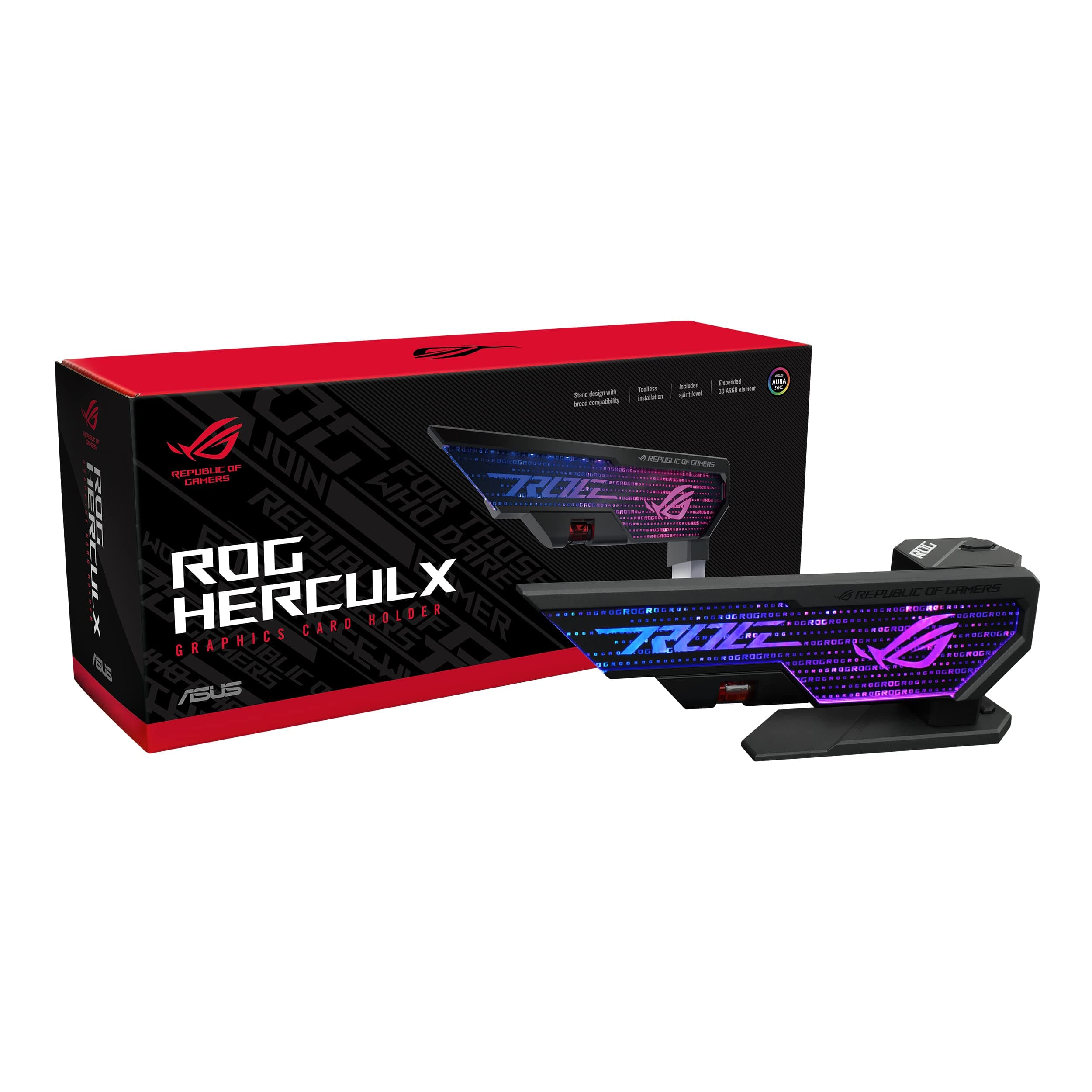 ROG Herculx Graphics Card Anti-Sag Holder Bracket (Solid Zinc Alloy Construction, Easy Toolless Installation, Included Spirit Level, Adjustable Height, Wide Compatibility, Aura Sync RGB)
