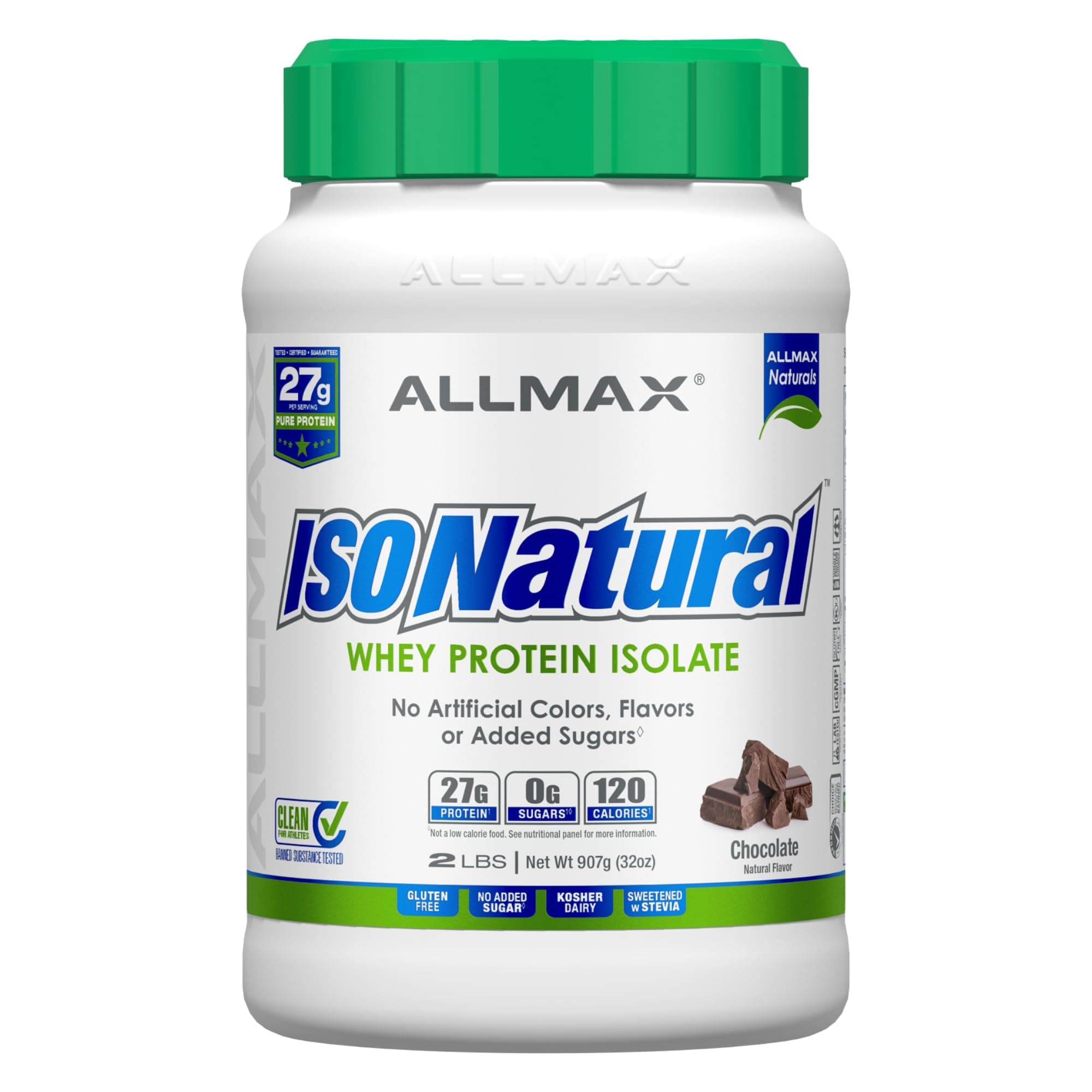 ISONATURAL Whey Protein Isolate, Chocolate - 2 lb - 27 Grams of Protein Per Scoop - Zero Fat & Sugar - 99% Lactose Free - with Prebiotics - No Artificial Flavors - Approx. 29 Servings
