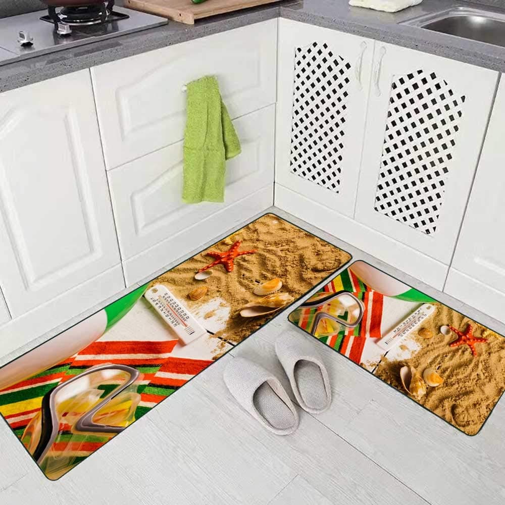 Musesh Kitchen Rugs 2 Pieces,Flip Flops Ball Tablet Seashell Starfish Tropical Flowers Sandy Beach Soft Non-Slip Kitchen Mat Set 17"X48"+17"X24" Rug for Kitchen