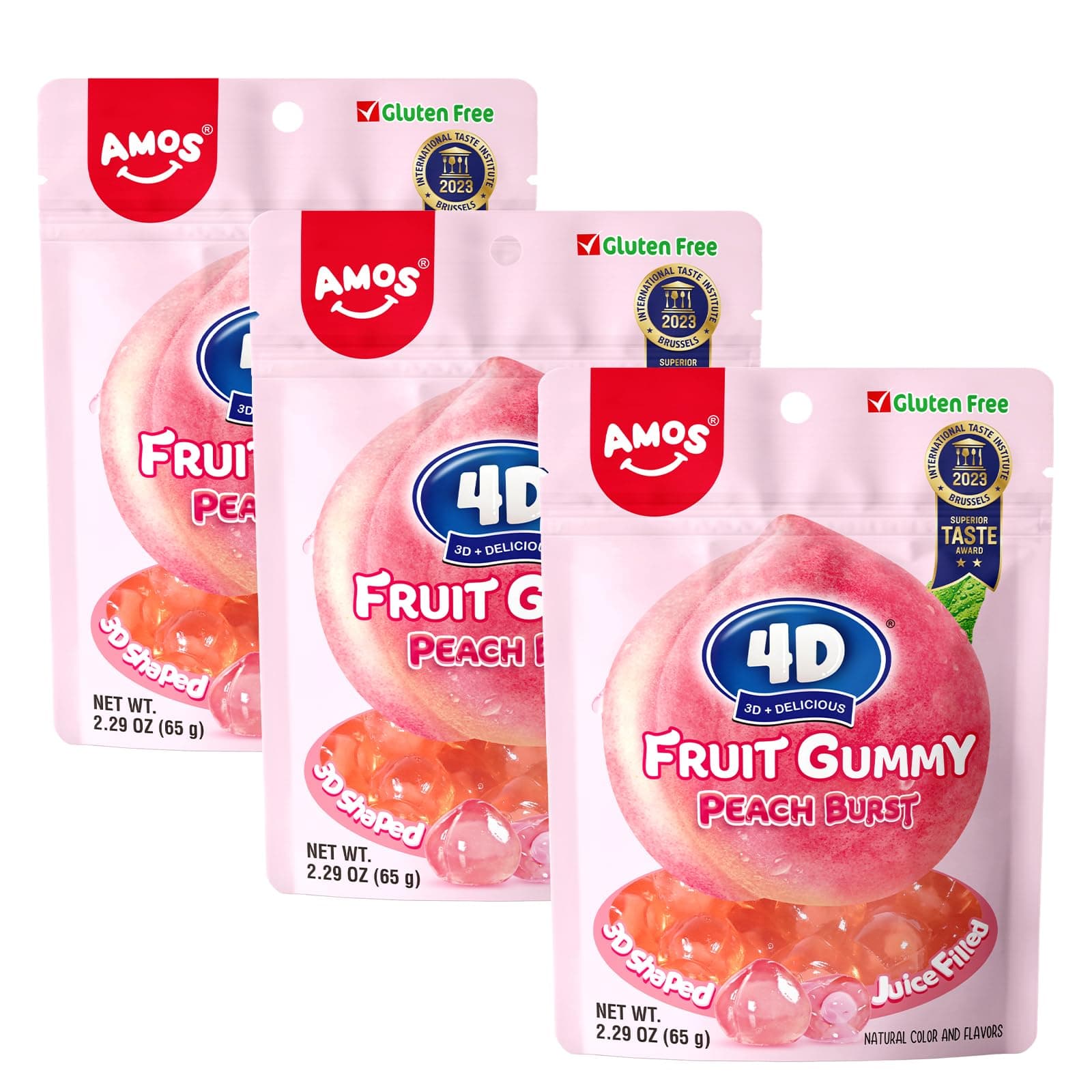 AMOS4D Gummy Sweets Burst, Peach Candy Centre Filled, Fruit Snacks Natural Flavor, Resealable 65g Bag (Peach 3Pack)
