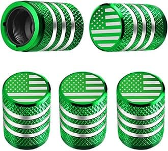 Tire Valve Stem Caps - (5 Pack) Tire Air Cap Metal with Plastic Liner Corrosion Resistant Leak-Proof American Flag for Car Truck Motorcycle Bike Green
