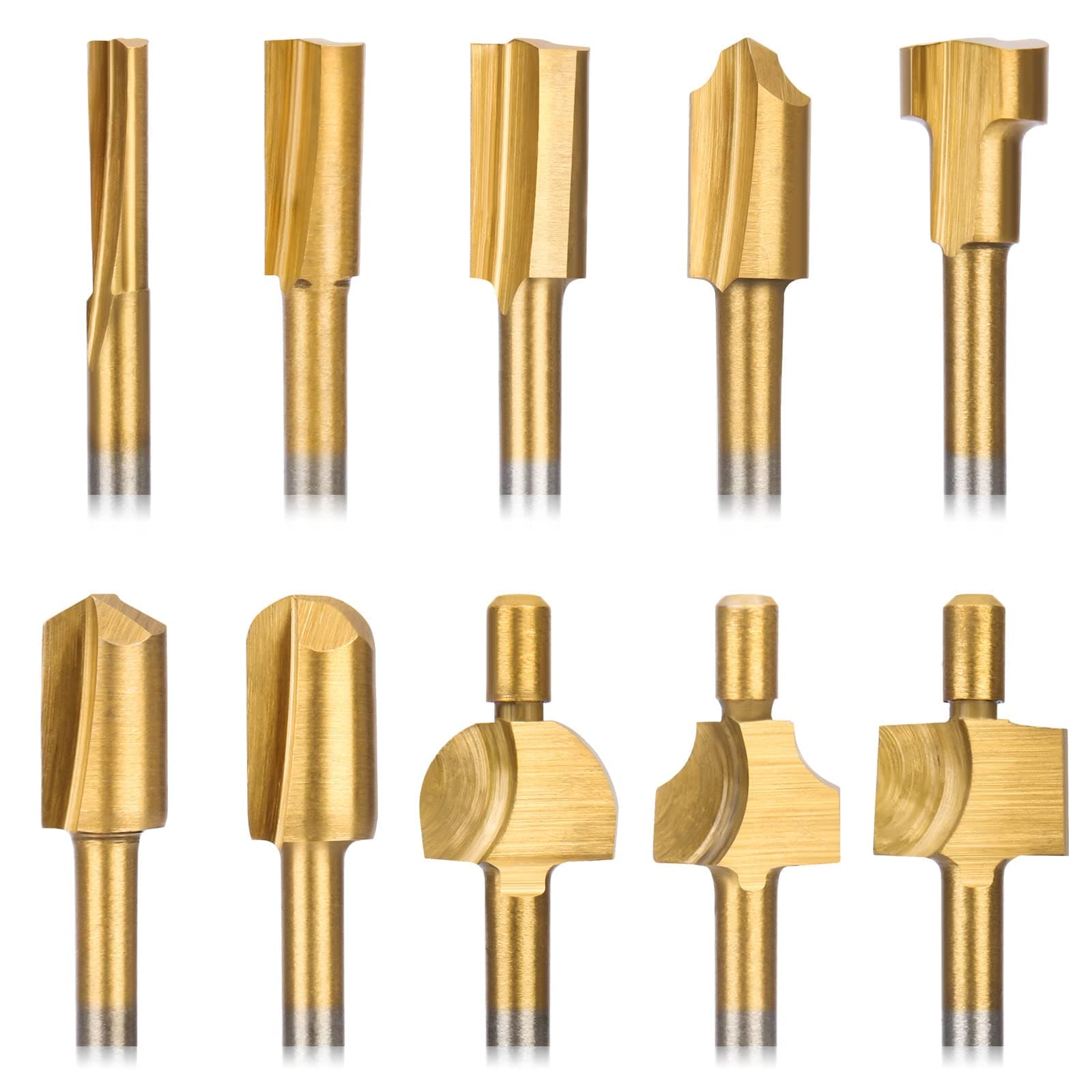 10 Pieces Titanium-Coated 1/8"(3mm) Shank Router Bits Milling Cutter Fit Dremel Rotary Tools for DIY Woodworking, Carving, Engraving, Drilling