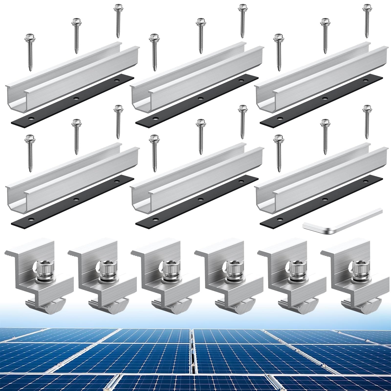 Solar Panel Bracket Kit, 6 Pcs 7.87 in Aluminium Solar Panel Mounting Rail 30mm/35mm Solar Panel End Clamps, Solar Panel Brackets for Metal Roof, Tin Roof, Flat Roof, Sheet Roof, RV, Silver