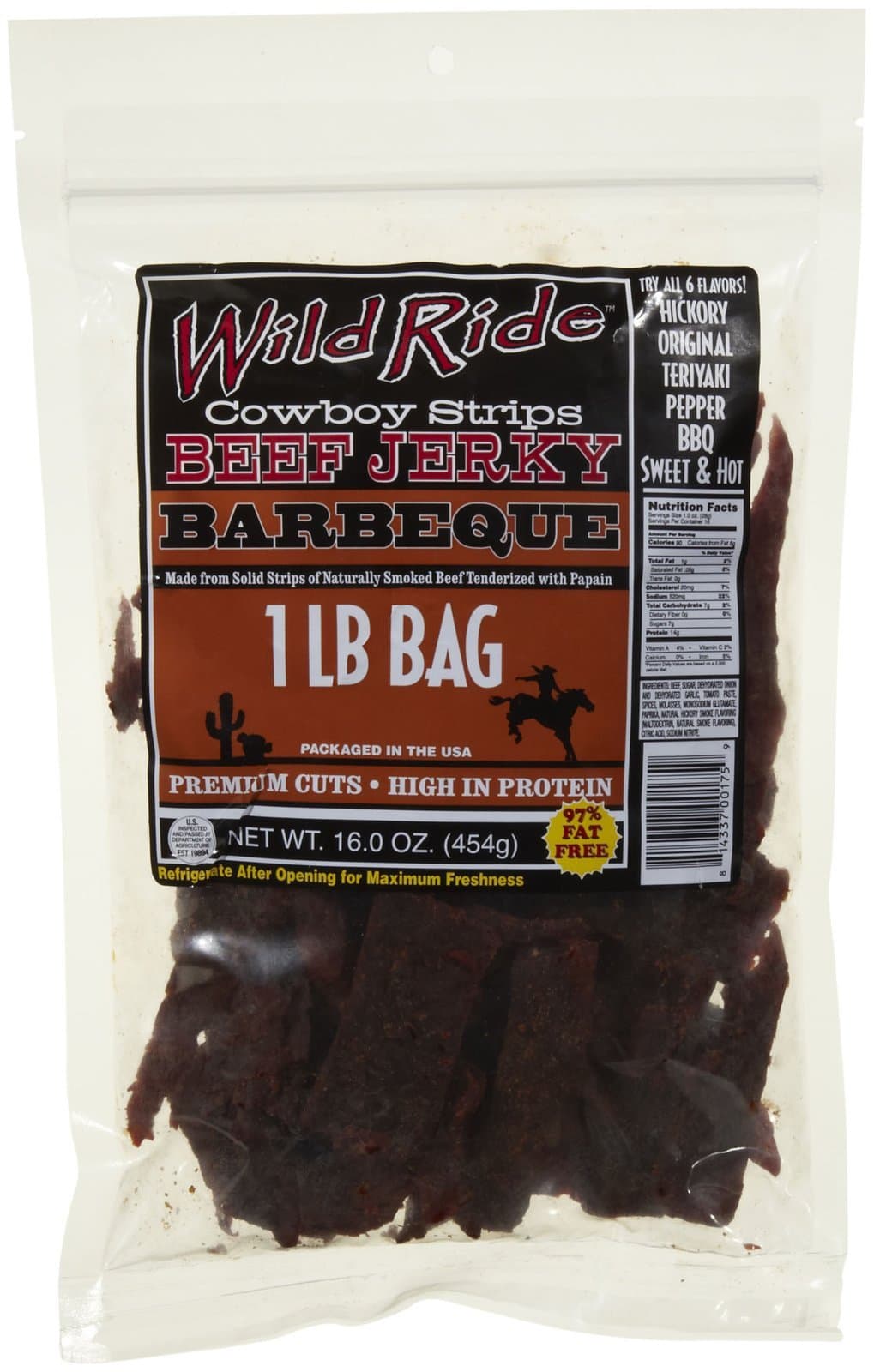 Wild Ride Beef Jerky Cowboy Strips Bbq, Beef Jerky, Bulk, 16-Ounce Pouches
