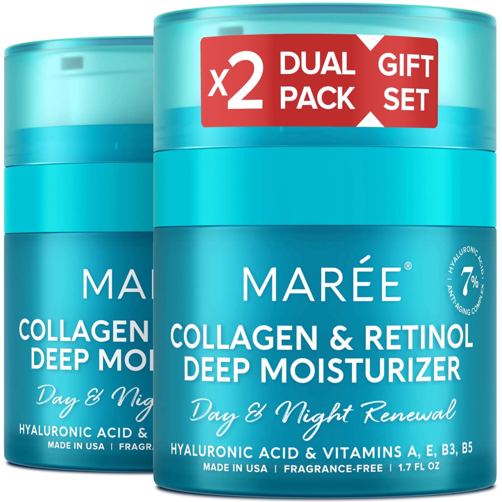 MAREE Face Moisturizer Collagen Cream for Face 2 Pack – Hyaluronic Acid & Retinol – Anti-Aging Wrinkle Creams – Crema Para La Cara