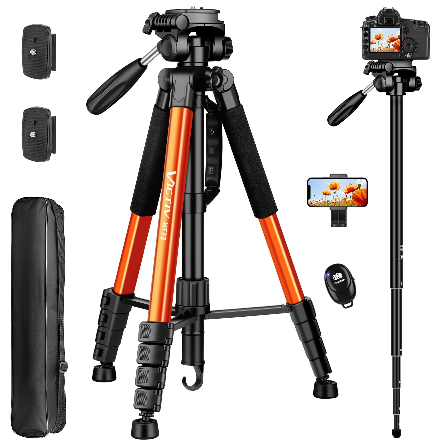 Camera Tripod, 72" Tall Camera Tripod & Monopod with Remote Control, Professional Sturdy Compact Camera Stand for Phone, DSLR, Spotting Scope, Telescope and Binoculars