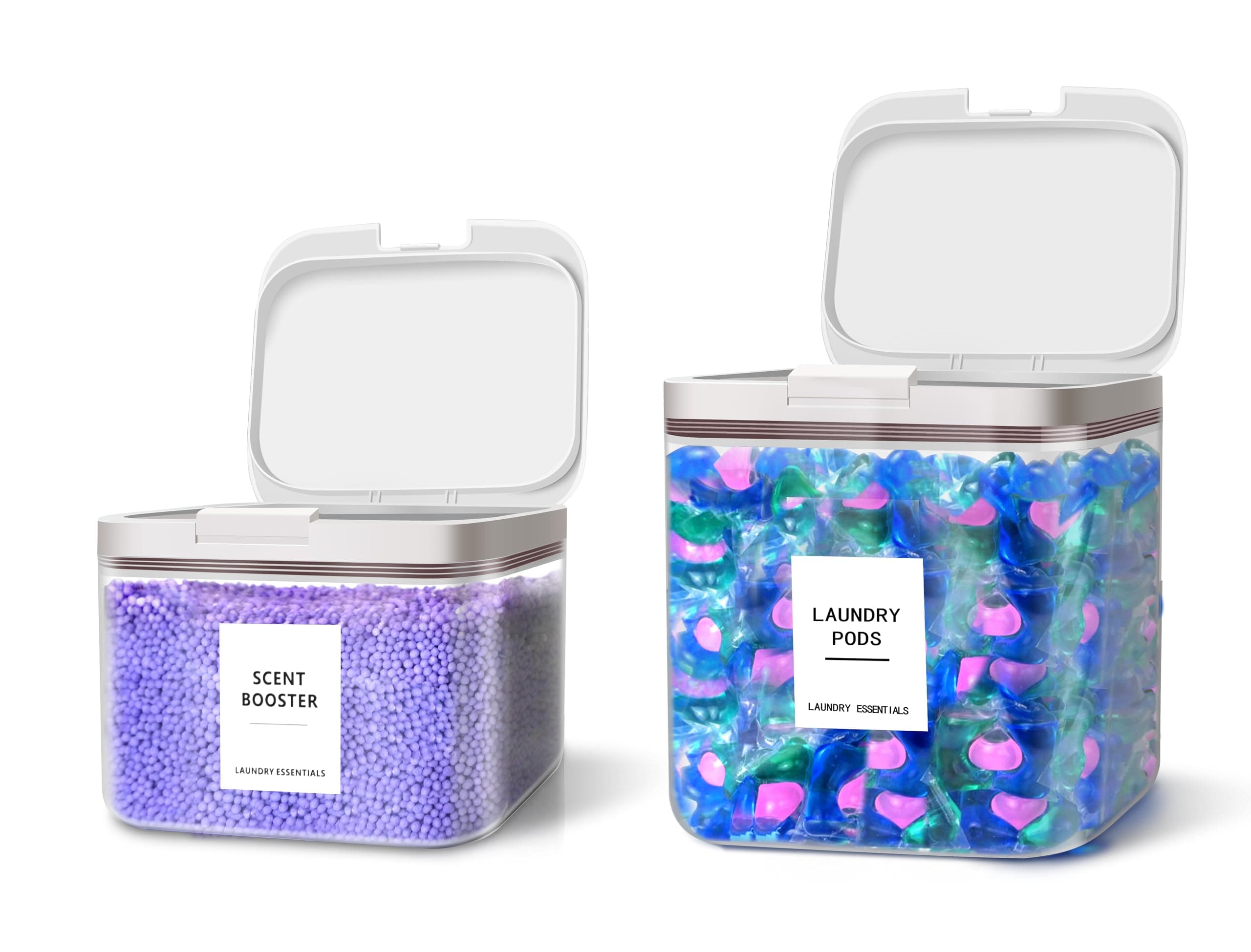 2 Pack Laundry Pods Container for Laundry Room Organization, Laundry Pod Up Holder with 30 Labels and Scoops, Laundry Detergent Powder Container, Dryer Sheet Holder