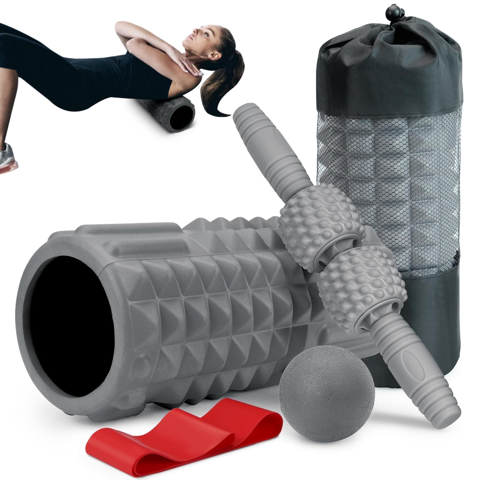 5-in-1 Foam Roller Set, Massage Roller Stick, Massage Ball, Resistance Band for Deep Muscle Massage, Trigger Point Release, Pilates, Yoga (Grey)