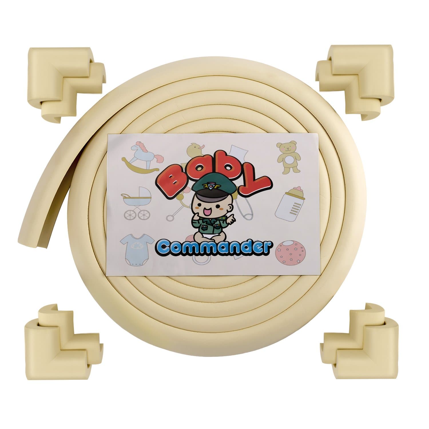 Baby Commander 16.2ft [15ft Edge+8 Corners] Safe Edge and Corner Guard Foam Cushion - EXTRA SOFTNESS - RICE | Baby Proof Table Furniture Edge Protector; Home Safety Childproofing Edge Bumper