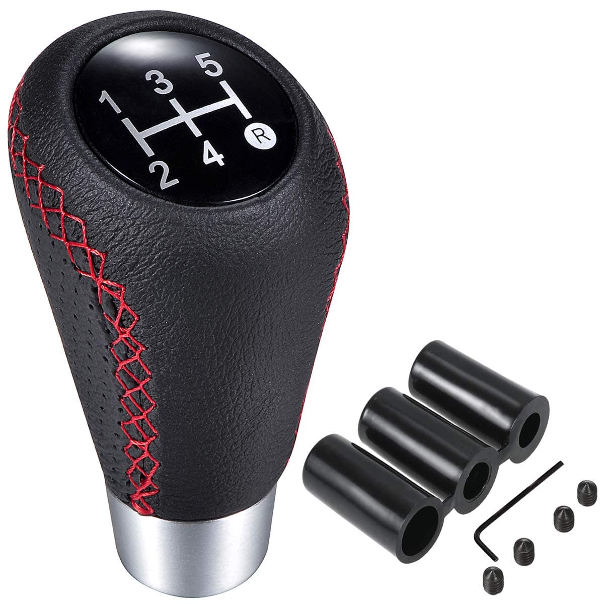 Semoss Universal Leather Gear Knob 5 Speed Manual Shift Lever Stick with 3 Adapters 8/10/12mm,Red Stitched