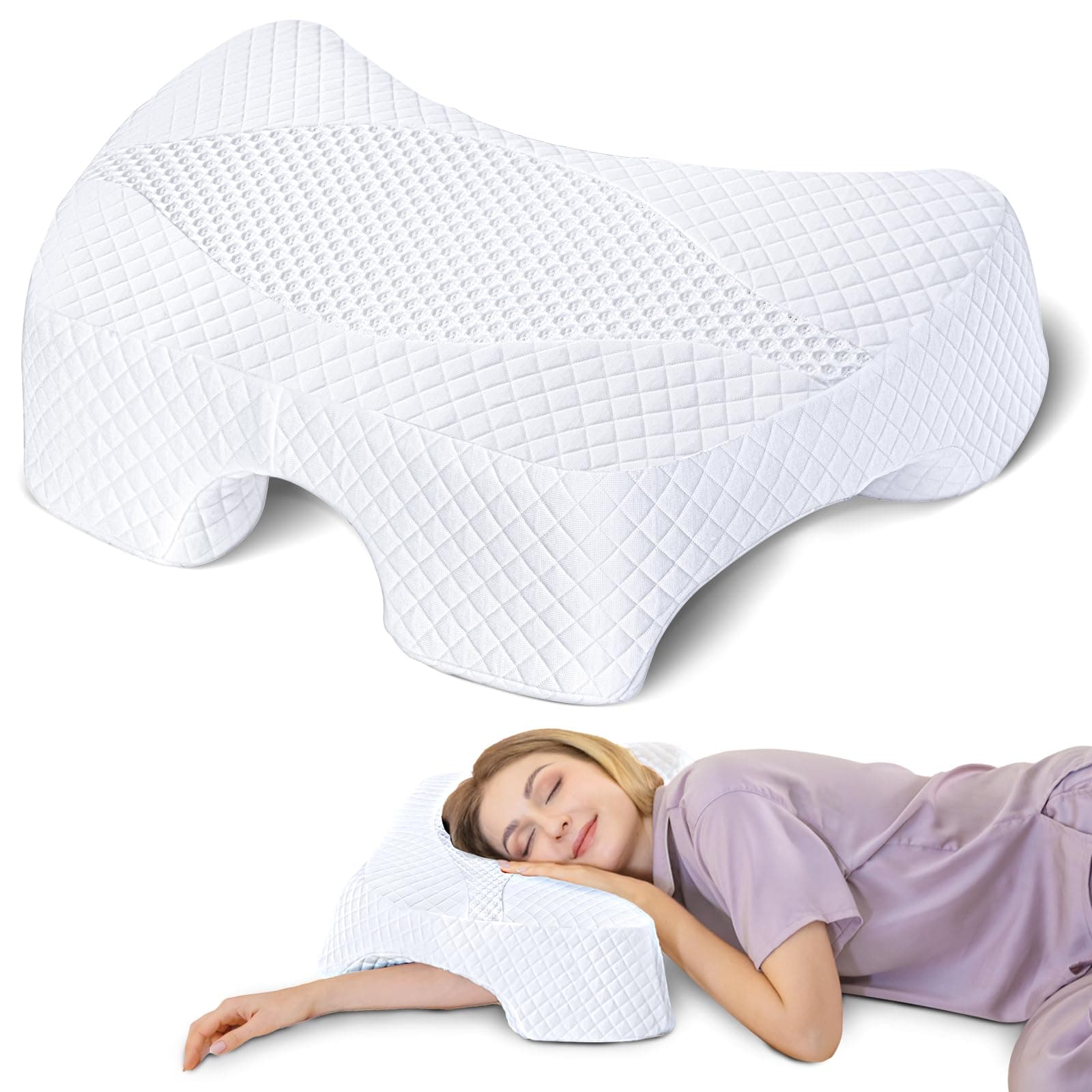 SAHEYER Side Sleeper Pillow with Arm Hole, Memory Foam Pillow for Neck and Shoulder, Multi-Angle Armholes Pillow for Many Sleeping Positions, Ergonomic Orthopedic Support Pillow (White)