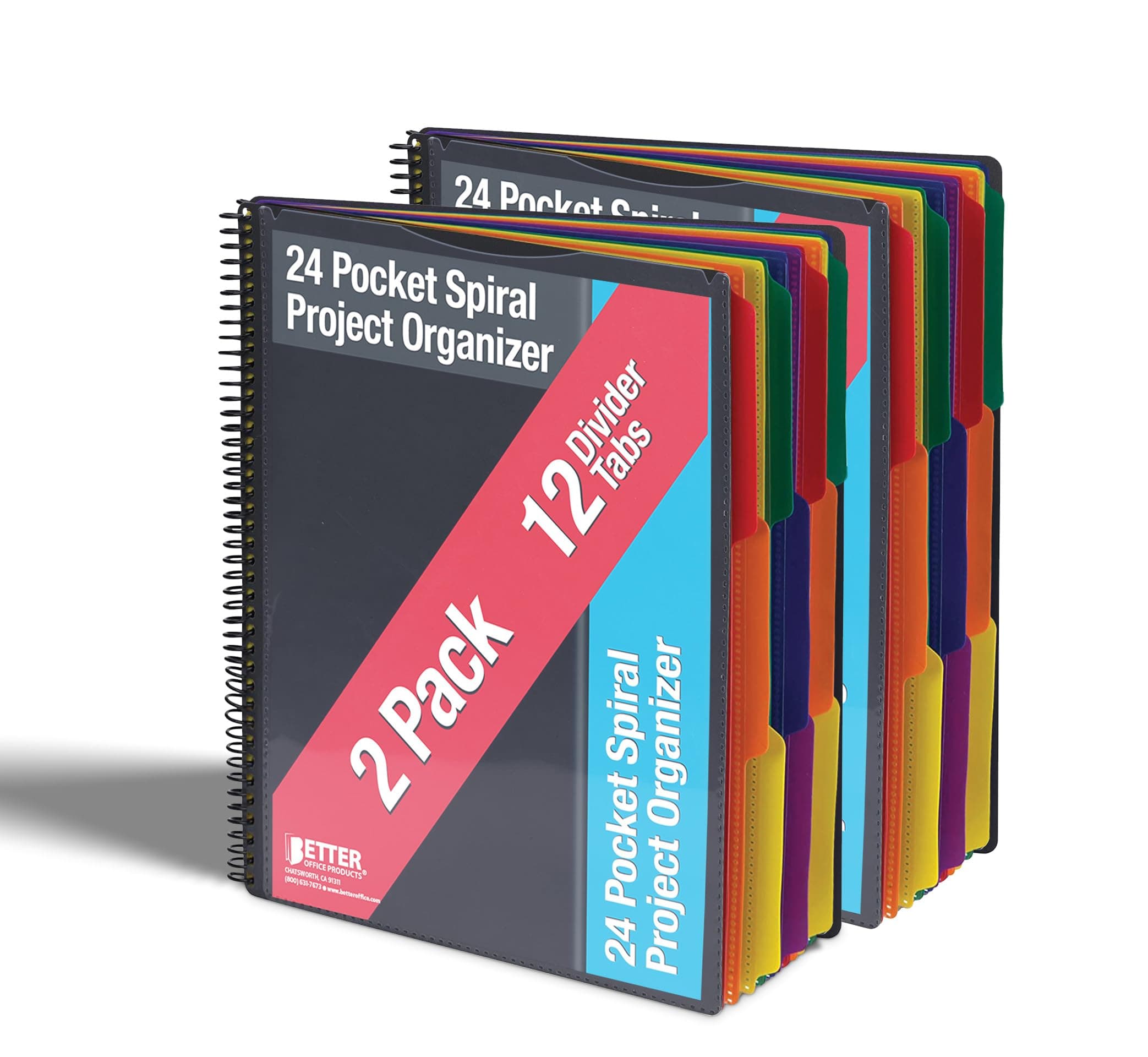 Better Office Products 24 Pocket Poly Spiral Project Organizer (2pack), Heavy Duty, with Utility Pouch, 1/3 Cut Tabs, 12 Tab Color Dividers, Clear View Front Cover, Letter Size, Project Folder,