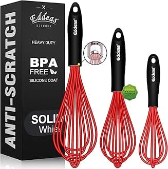 Silicone Whisk, Stainless Steel & Silicone Non-Stick Coated Whisks set of 3--Heat Resistant Kitchen Whisks Perfect for Blending, Whisking, Beating & Stirring, Red