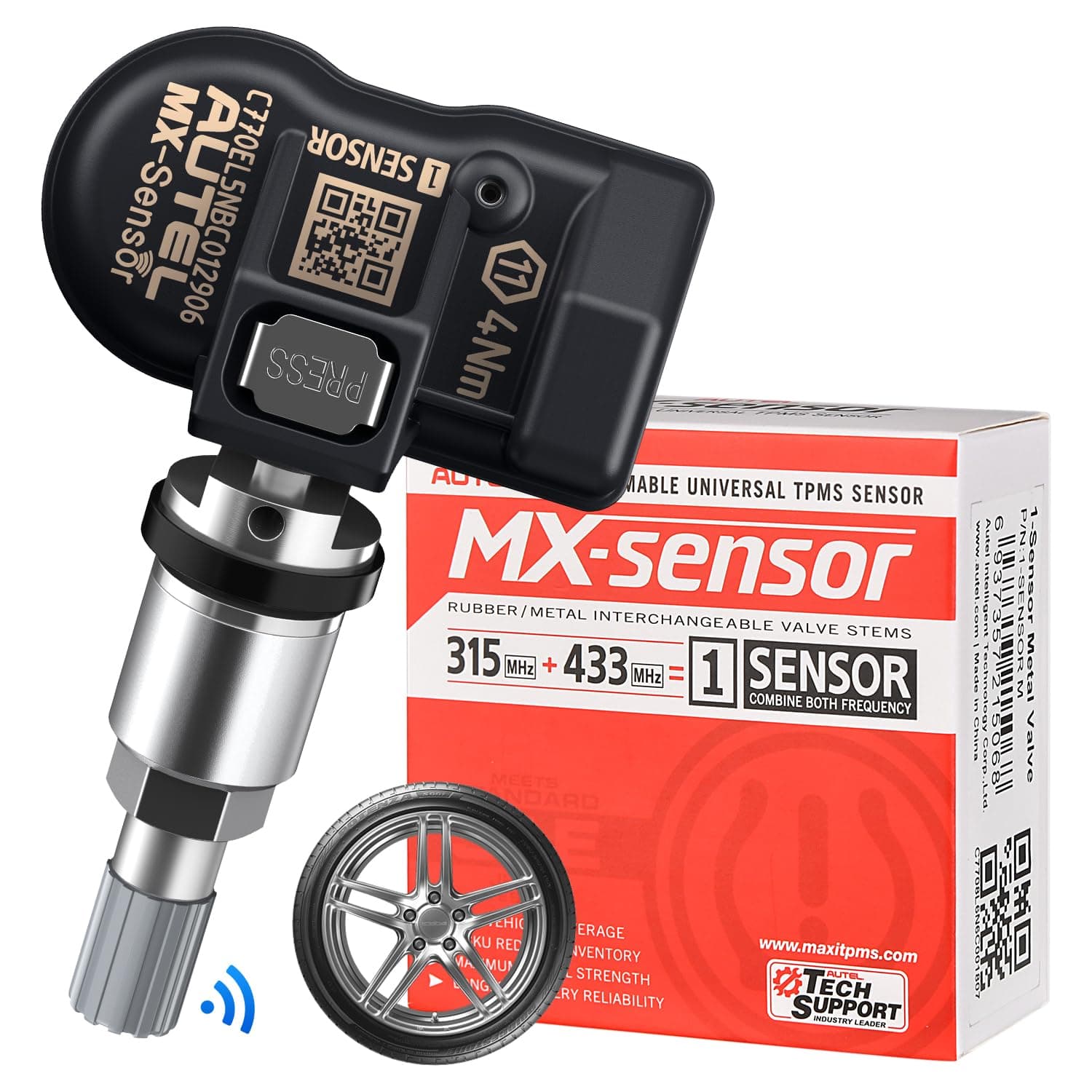 Autel TPMS Sensor MX-Sensor, 315MHz + 433MHz Dual Frequency Tire Replacement Sensor for All Cars, Same as OE Sensor, 100% Cloneable Pressure Monitor System Sensor (Metal Valve, Press-in, 1PCS)