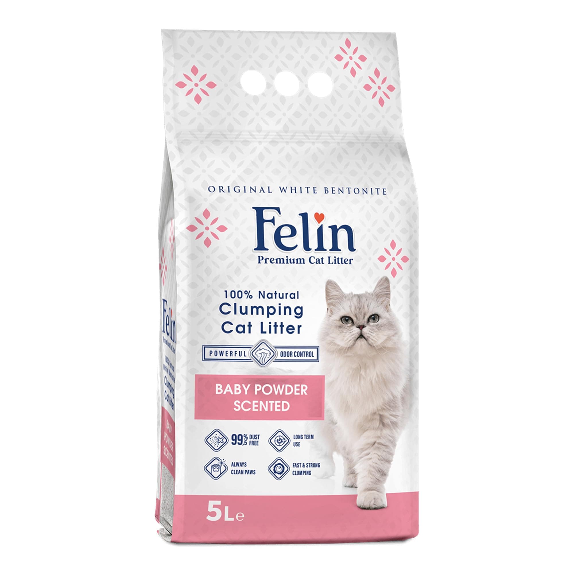 Felin Cat Litter Clumping 100% Natural Bentonite, Clumping 99.5% Dust Free, Forever Fresh, Pet-Friendly, Fighting with Odors Baby Powder Scented (5 L)