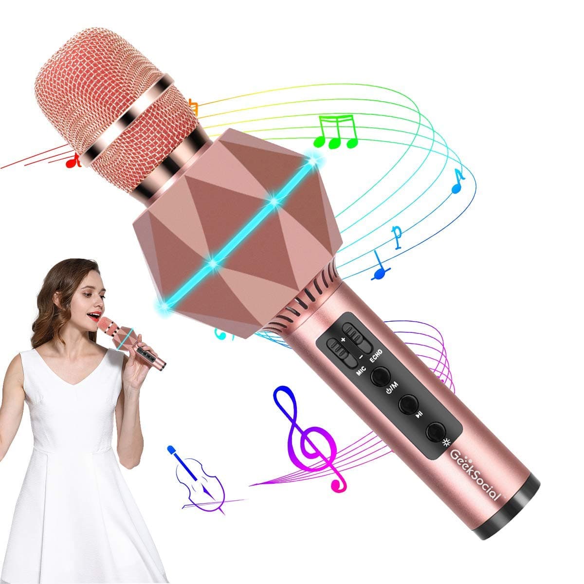 Microphone Bluetooth Karaoke Diamond Shaped with 7 Color LED Lights Singing Mic Wireless Speaker Light Portable Kids for KTV Home Party and Outdoor Compatible with iPhone Android Cellphon -Rose Gold