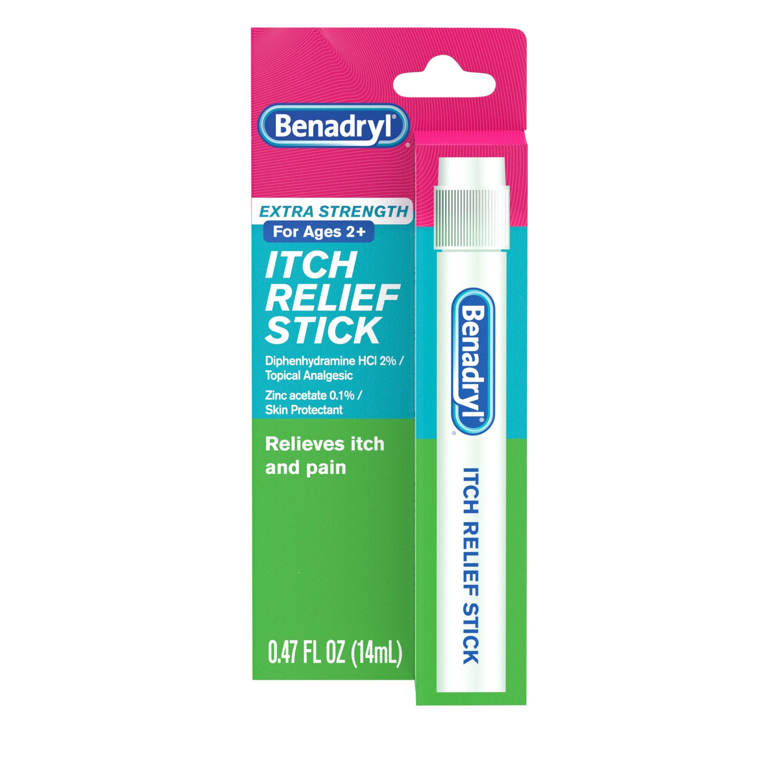 Benadryl Extra Strength Anti-Itch Relief Stick, Bug Bite Itch Relief, Diphenhydramine HCl Topical Analgesic & Zinc Acetate Skin Protectant, Great for Camping Essentials, 0.47 fl oz (Pack of 3)