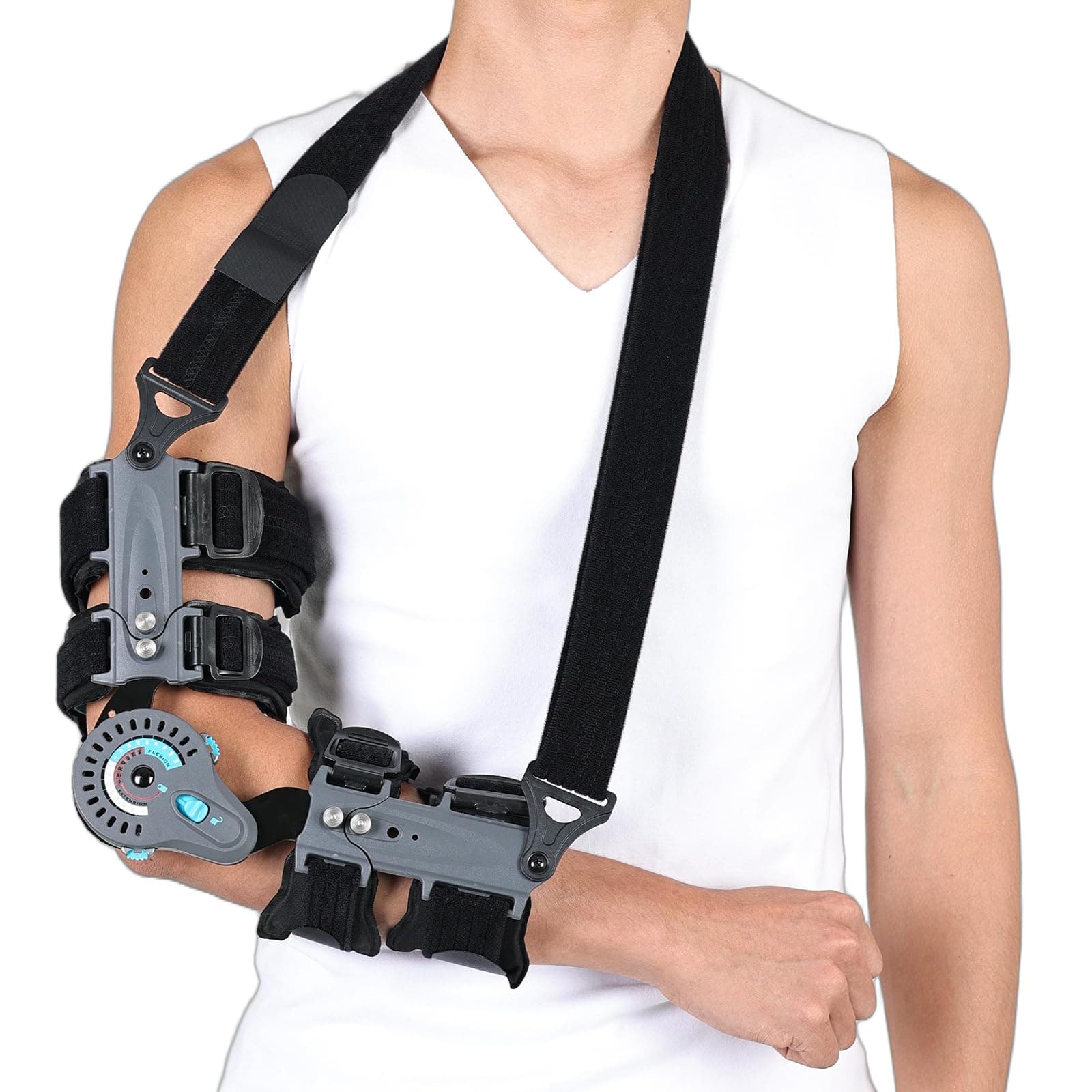 Komzer Hinged Elbow Brace,Adjustable Post OP ROM Elbow Brace with Sling Stabilizer Splint Arm Injury Recovery Support After Surgery (Left)