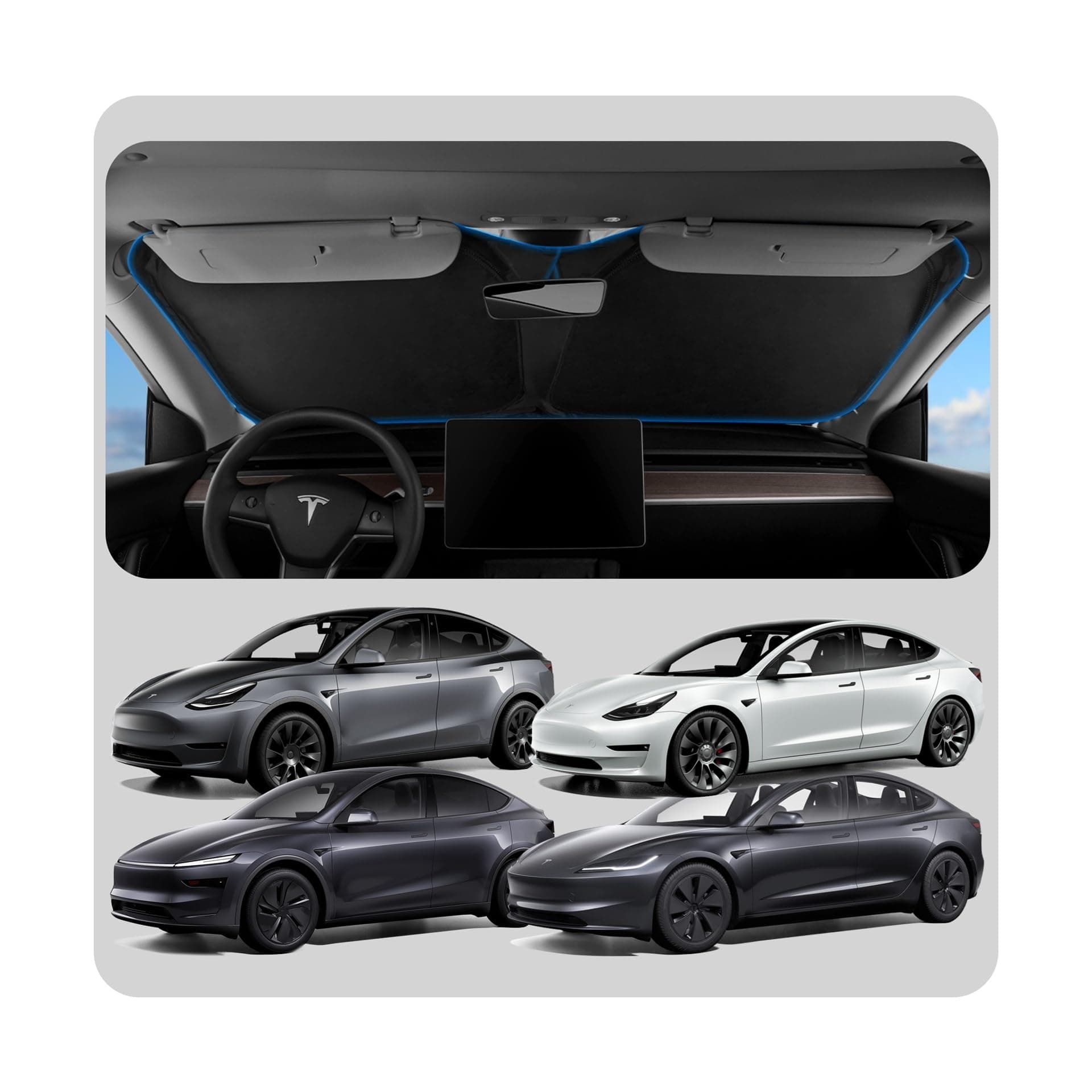 Spigen Front Windshield Sunshade for All Tesla Model Y & 3 | Dual Layered Protection Car Accessories for Model Y Juniper and Model 3 Highland | Gift for Tesla Owner