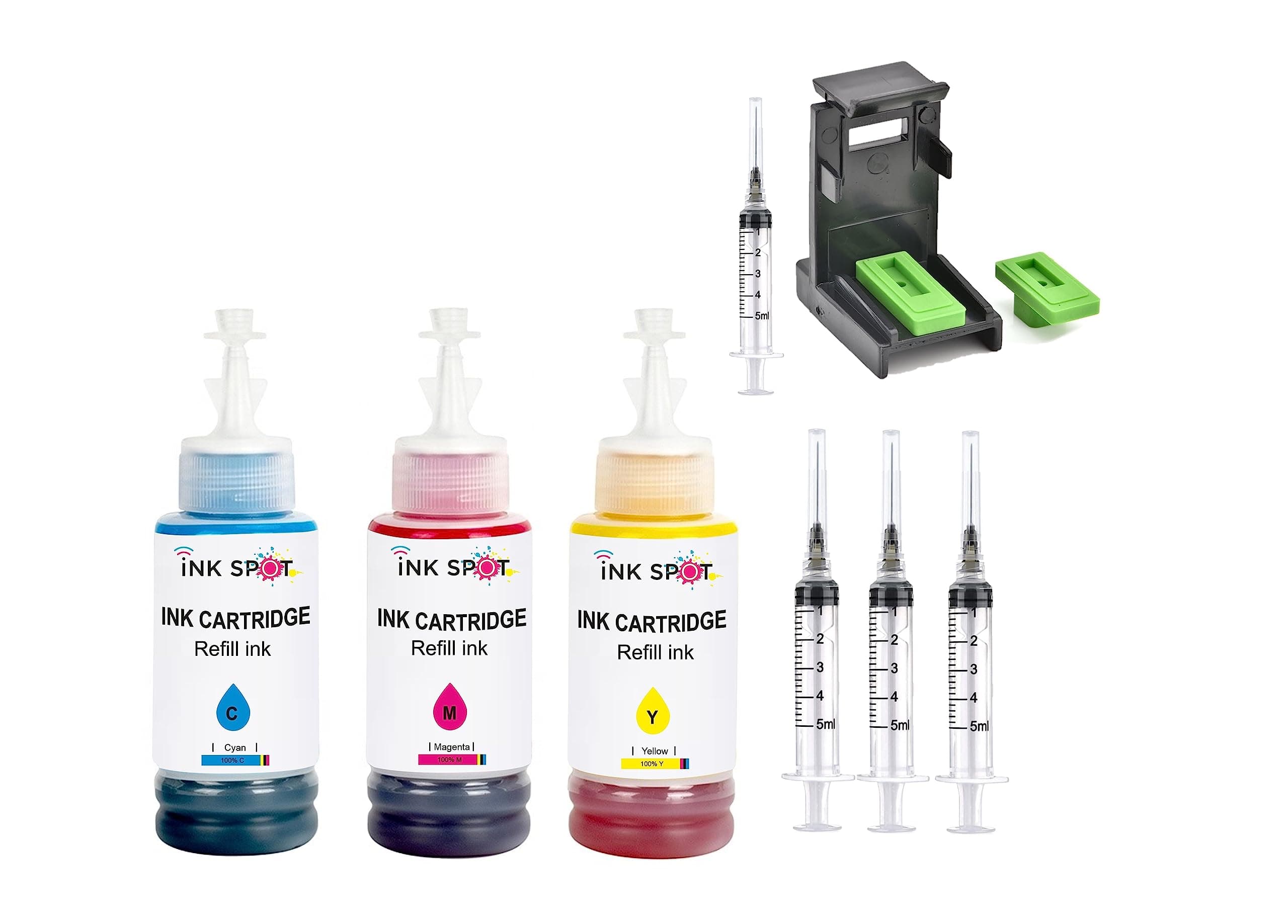INKSPOT Refill Kit with Suction Tool Combo Pack of High Yield Inkjet Cartridge Ink Refill Compatible for HP and Canon Cartridge Printers - 100ml Per Bottle