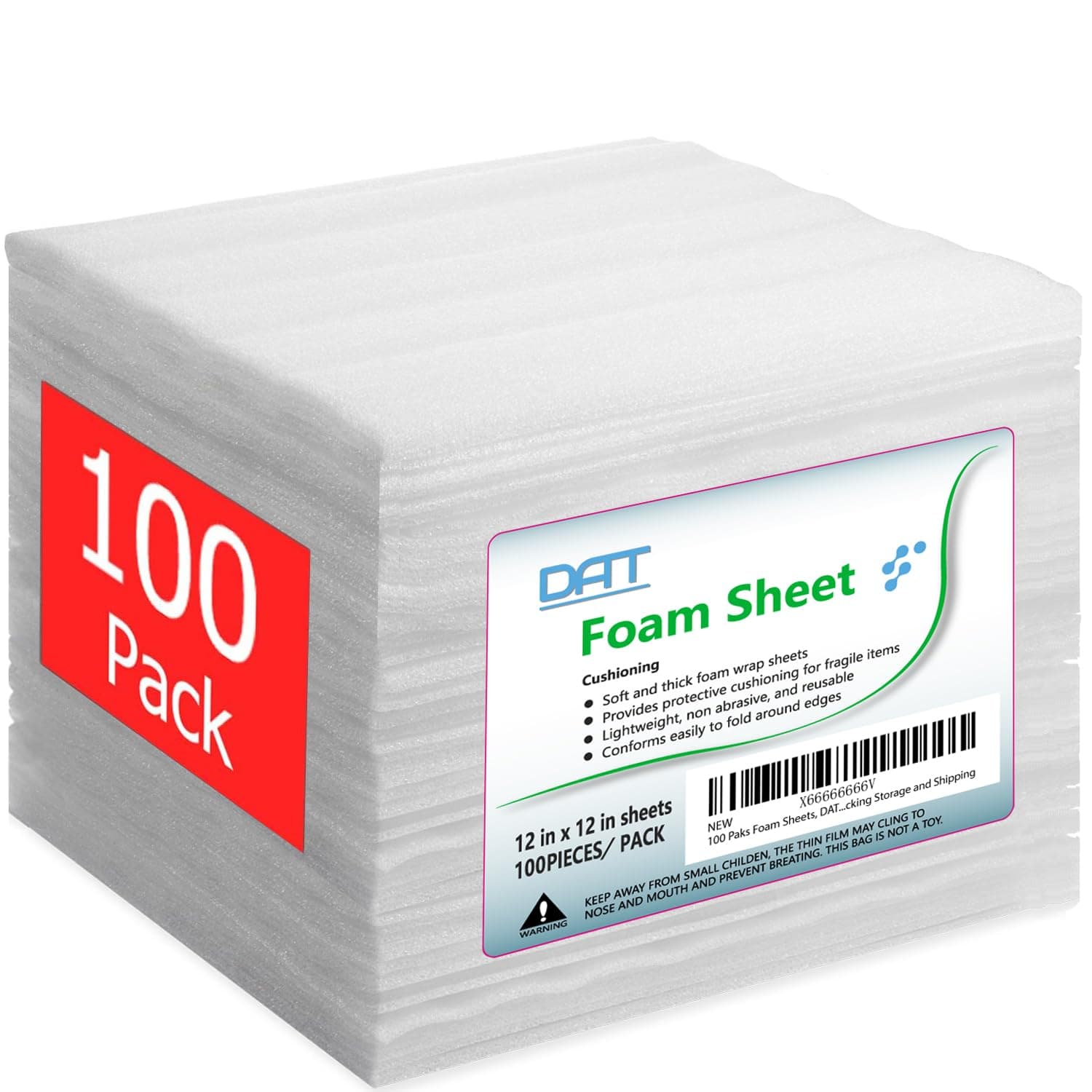 DAT 100 Pack Foam Sheets, DAT 12" x 12", 1/16" Thick, Foam Wrap Cushioning Material, Moving Supplies for Packing Storage and Shipping
