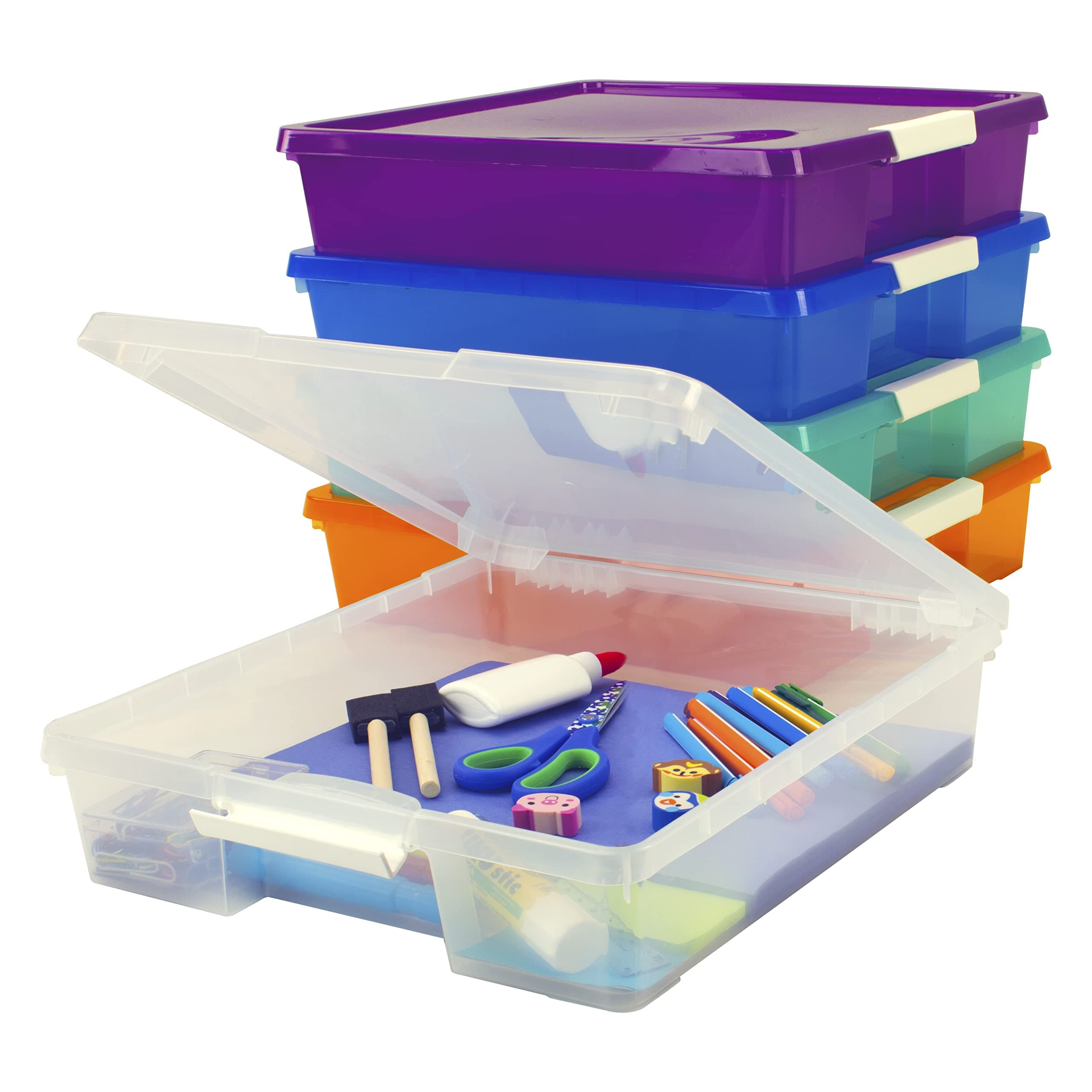 Storex Classroom Project Box – Stacking Plastic Organizer Fits 12x12 Scrapbooking Paper, Assorted STEAM Colors, 5-Pack (63202C05C)