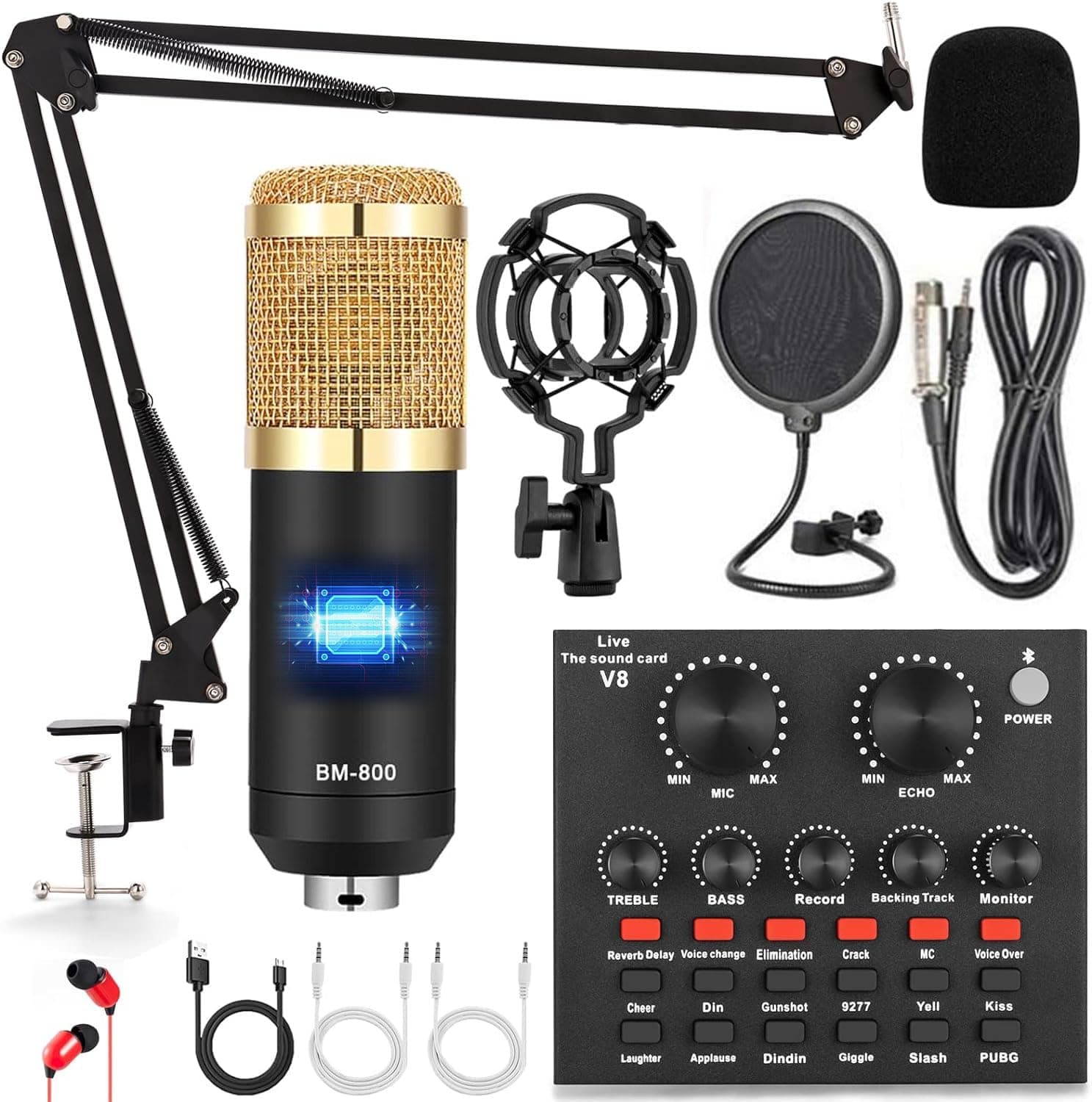 Podcast Equipment Bundle, Audio Interface with Voice Changer and BM800 Condenser Microphone, Recording Studio Package Perfect for Recording, Broadcasting, Live Streaming, YouTube, TikTok (BM800-V8G)