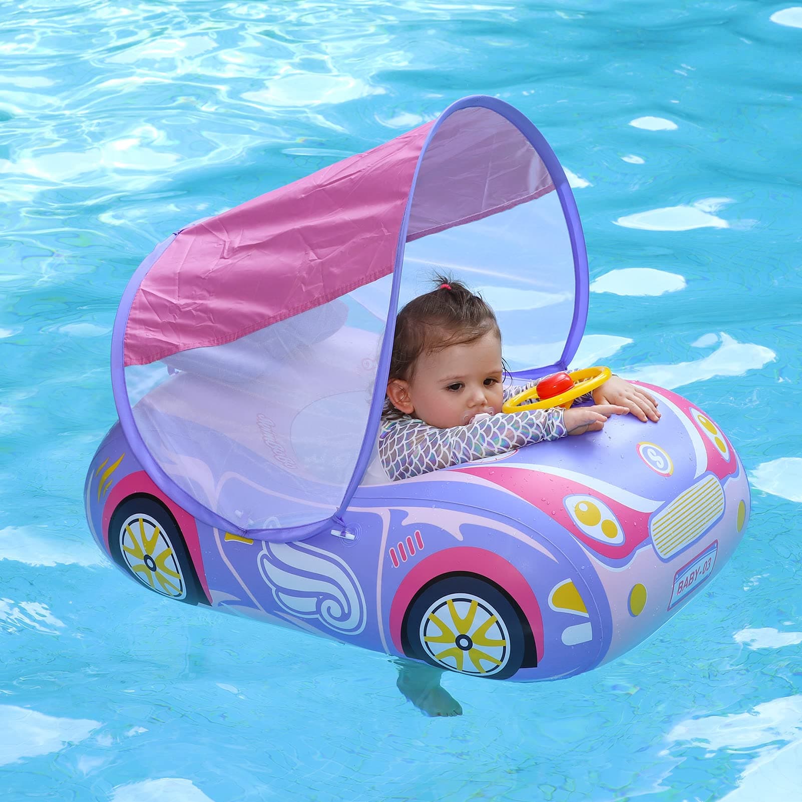 Toddler Pool Float Inflatable Car Baby Swim Float with Adjustable Sun Canopy and Safety Seat Pool Toys for Kids 3 Years Old +