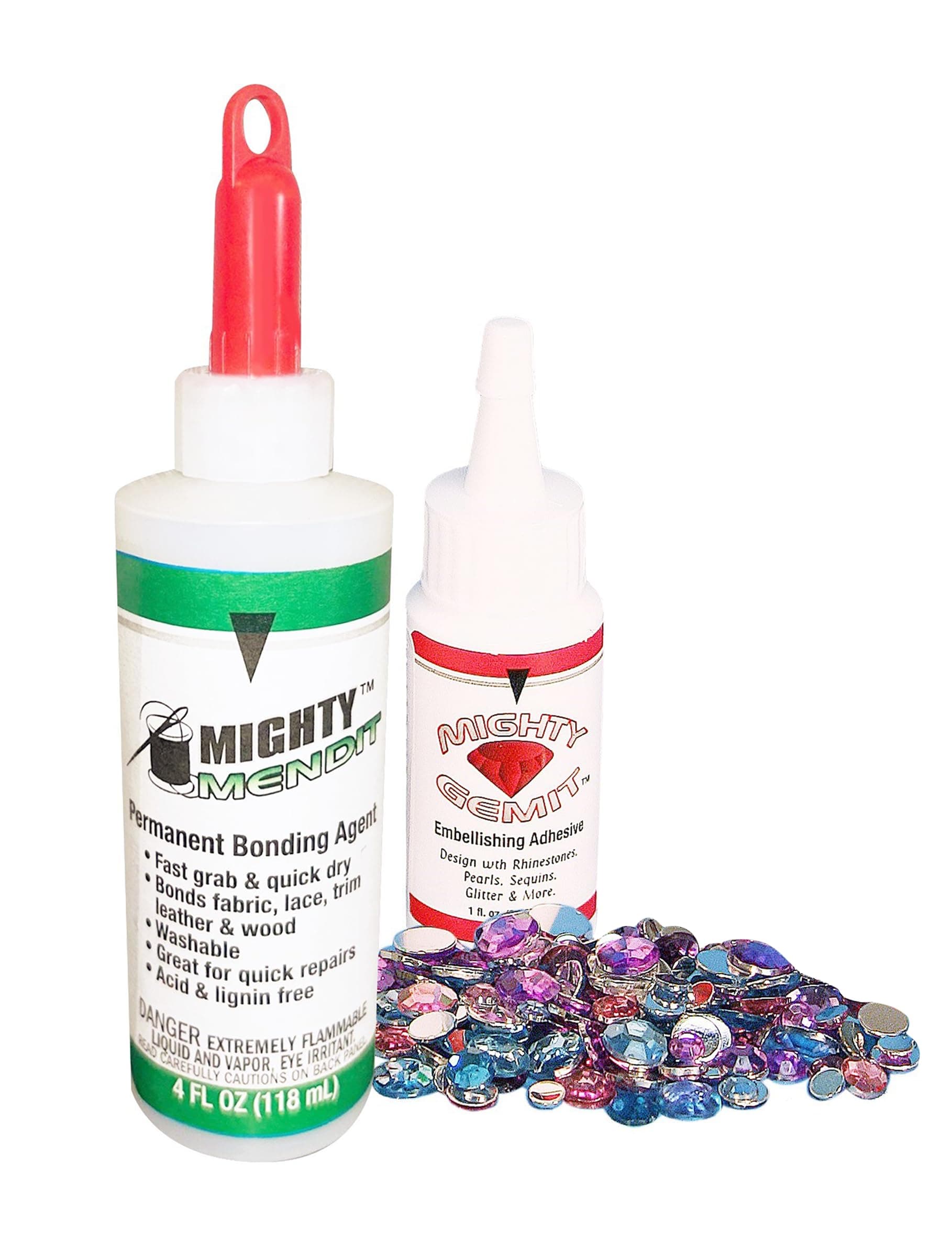 Permanent Fabric Adhesive, Flexible Stretchable Washable, Clear, 4 oz, Plus Mighty GEMIT™, Embellishing Adhesive, 1 oz. Includes 50 Gems