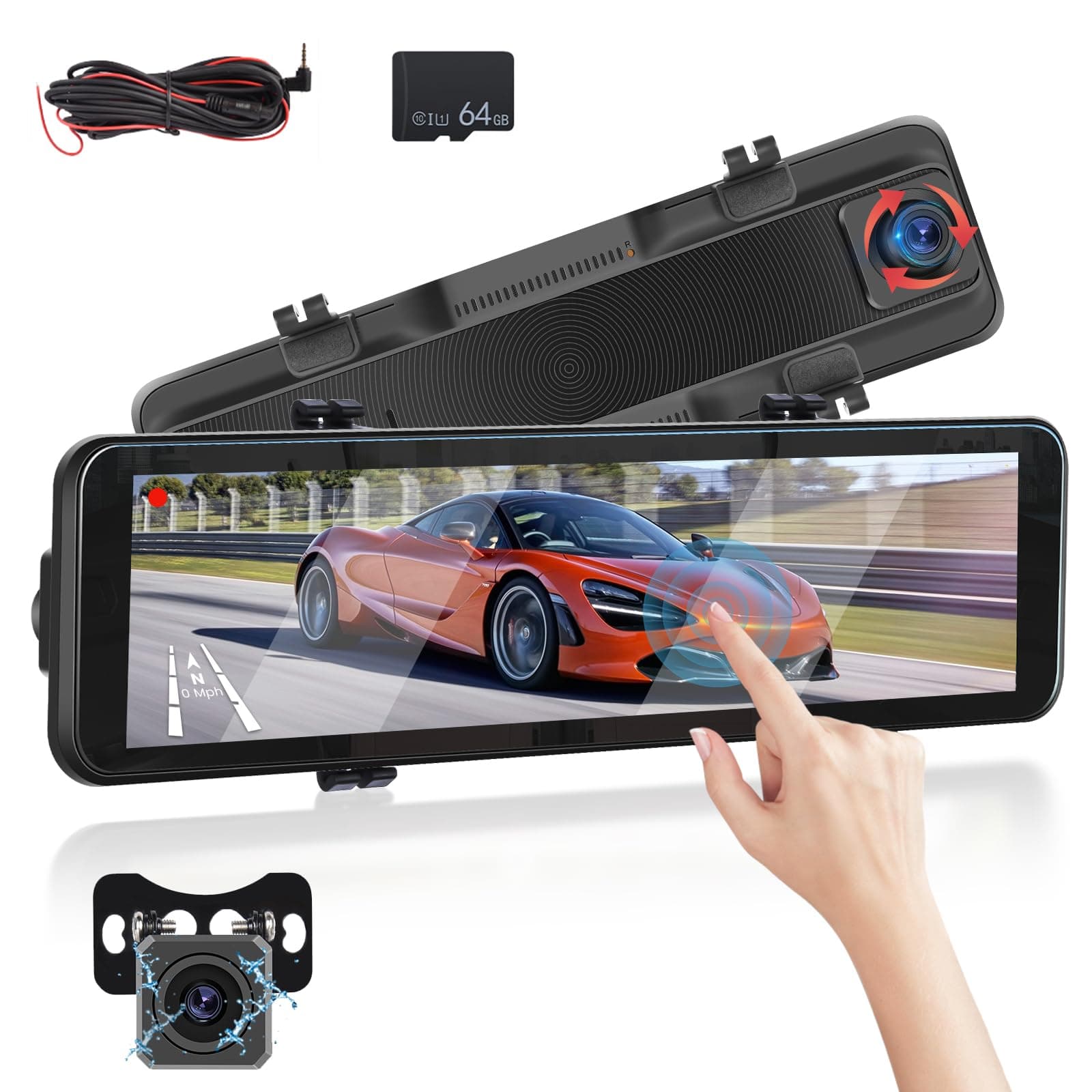 Smart Rear View Mirror - 10 Inch IPS Touch Screen Mirror Dash Cam - Night Vision Motion Detection Parking Monitor - Front and Rear View Dual Cameras for All Vehicles + 64GB Card