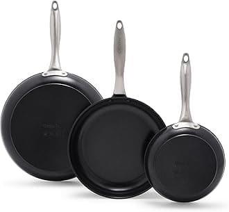 GreenPan Black 3 Piece Frying Pan Skillet Set, 8”, 10”, and 12”, Healthy Ceramic Nonstick PFOA and PFAS-Free, Hard Anodized, Stainless Steel Handles, Oven Safe