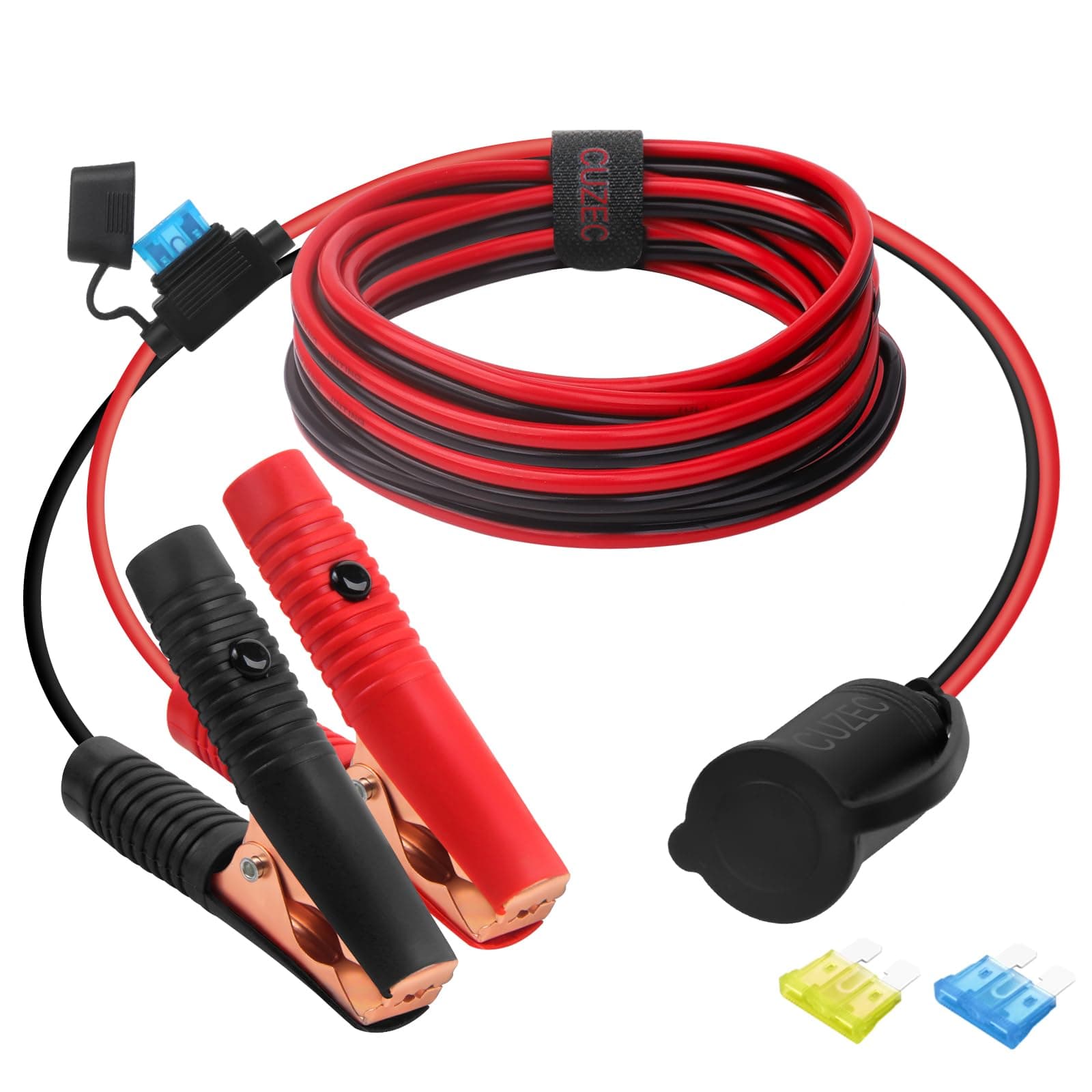 CUZEC 6FT/1.8m 16 AWG Extension Cord Plug Socket with Battery Clamp 12V/ 24V Battery Clip-On and Cigarette Lighter Adapter (6FT Long)