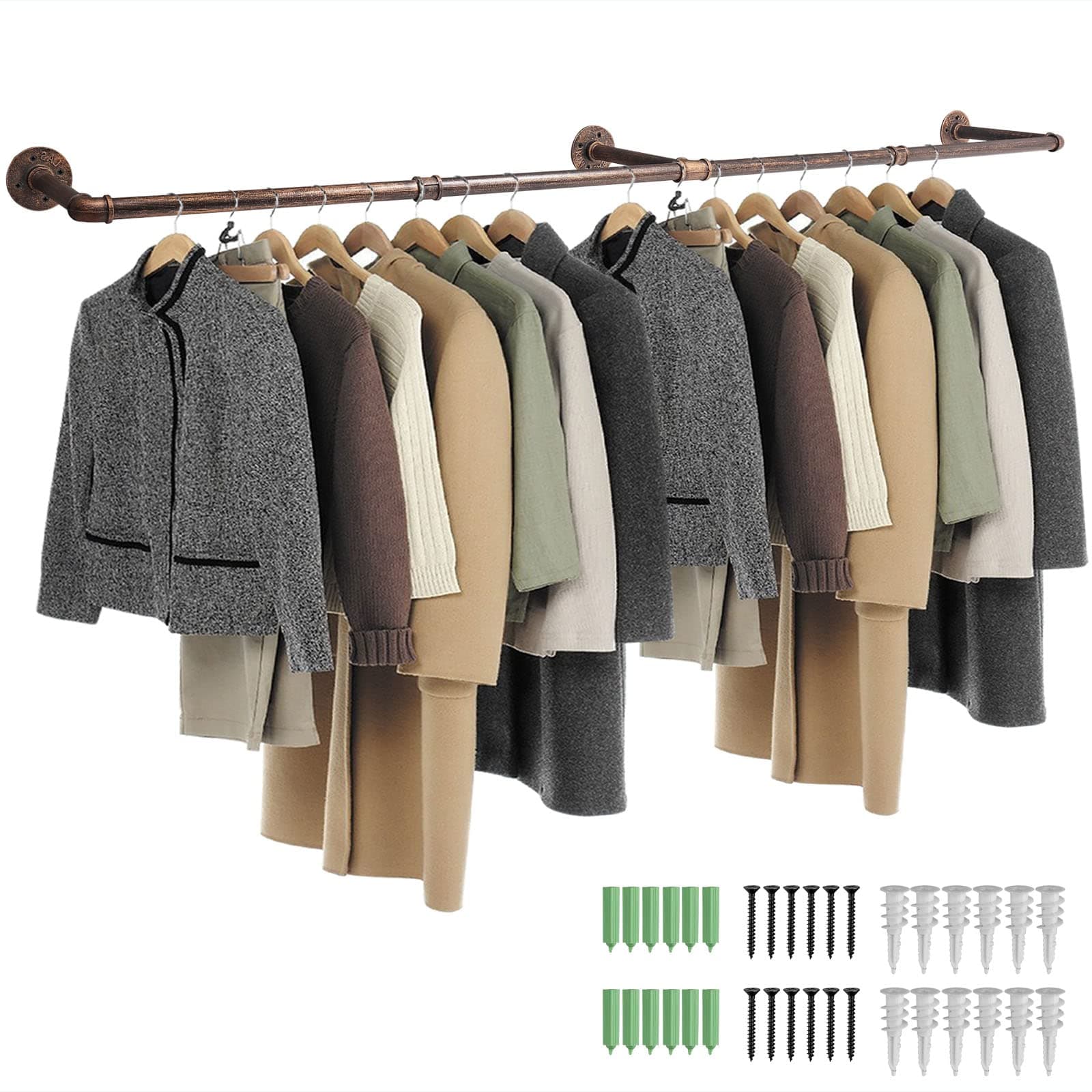 Tanice Clothes Rack Wall Mounted Clothes Rail 178cm Space-Saving Heavy Duty Industrial Pipe Clothes Bar Rack Rustic Hanging Garment Rack for Bedroom, Living room, Laundry Room