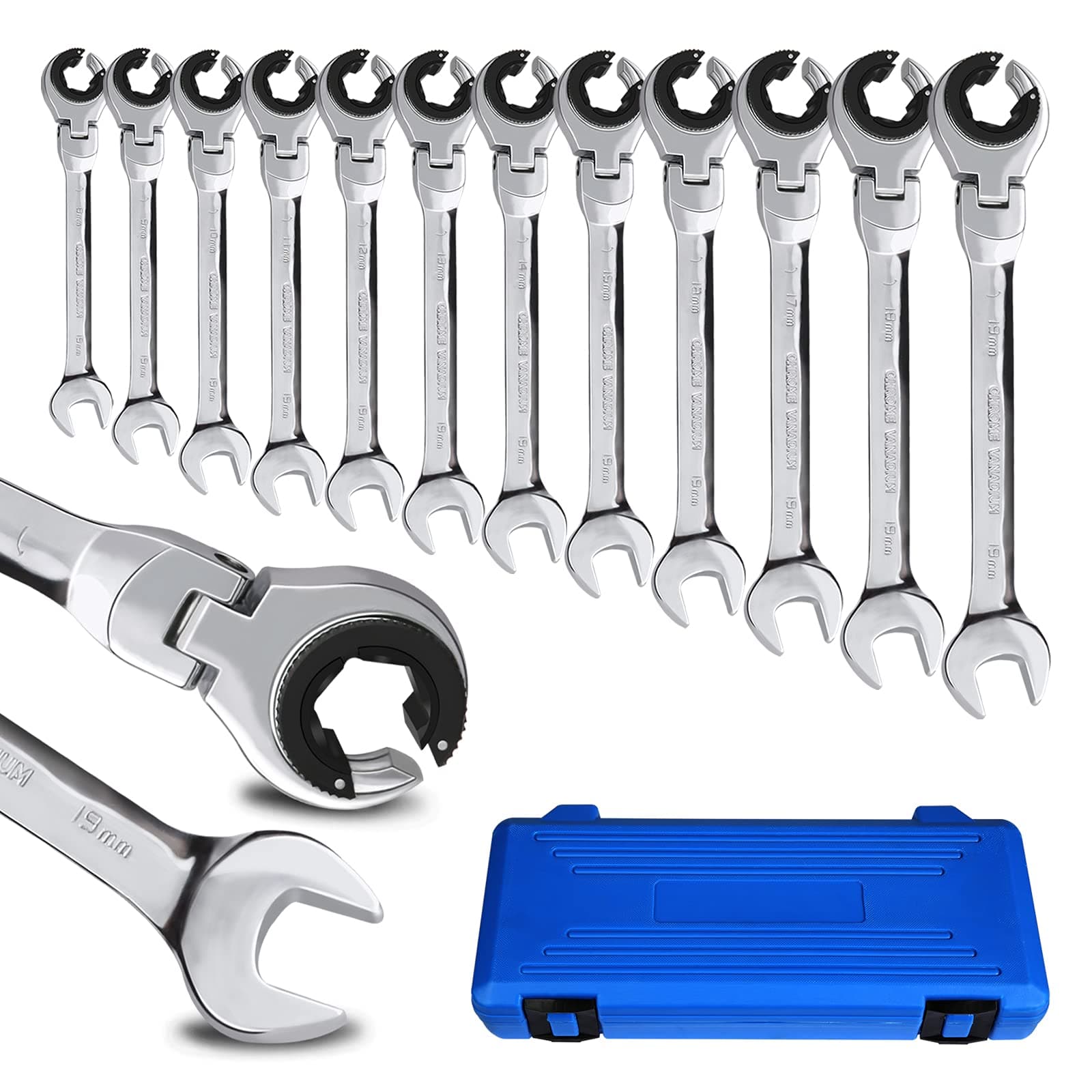 【】 Open Flex-Head Ratcheting Wrench set, Metric Combination Spanner with 72 Teeth, Chrome Vanadium Steel Tubing Ratchet Spanner Set with Carry Case(US and European Patents)