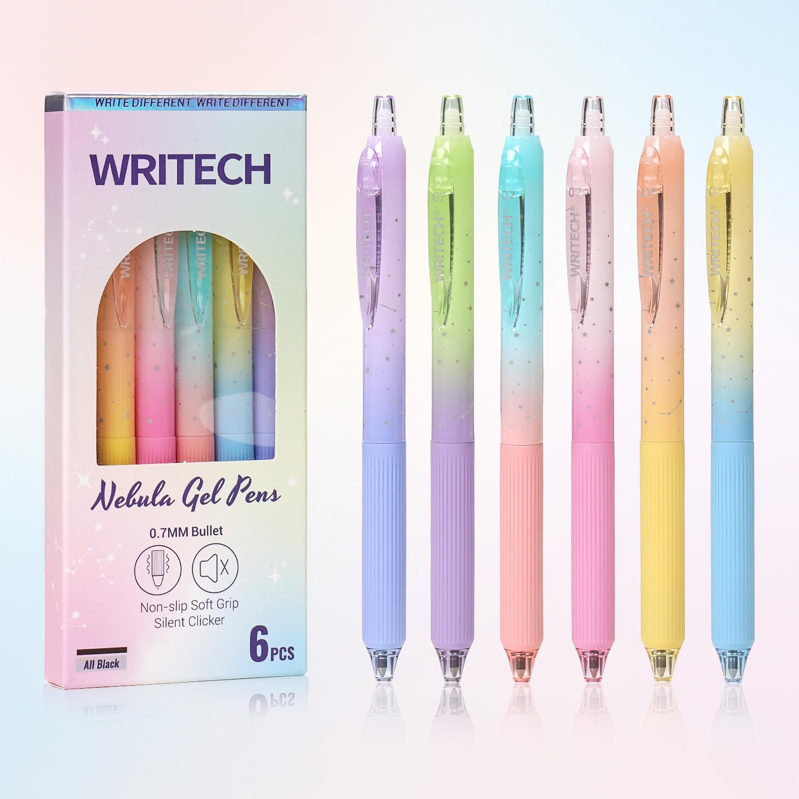 Writech Gel Pen, Fine Point, Nebula Pen Set, 0.7 mm, Black Ink, Retractable Type, 6 Ct, Medium Point, Smooth Writing, Aesthetic Gradation Color Barrel, Journaling Note, Silent Click Won't Smudge