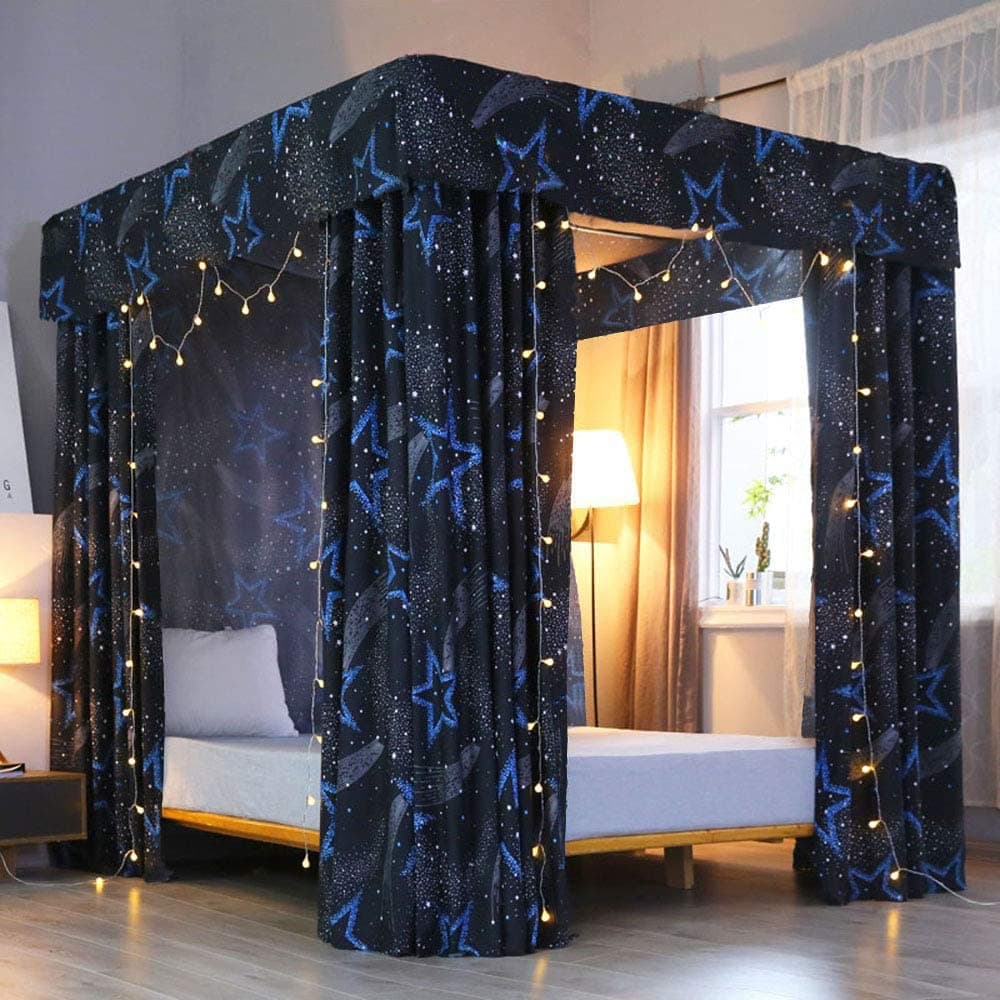 Mengersi Solid Four Corner Post Canopy Bed Curtain Bed Drapes (Full, Star)