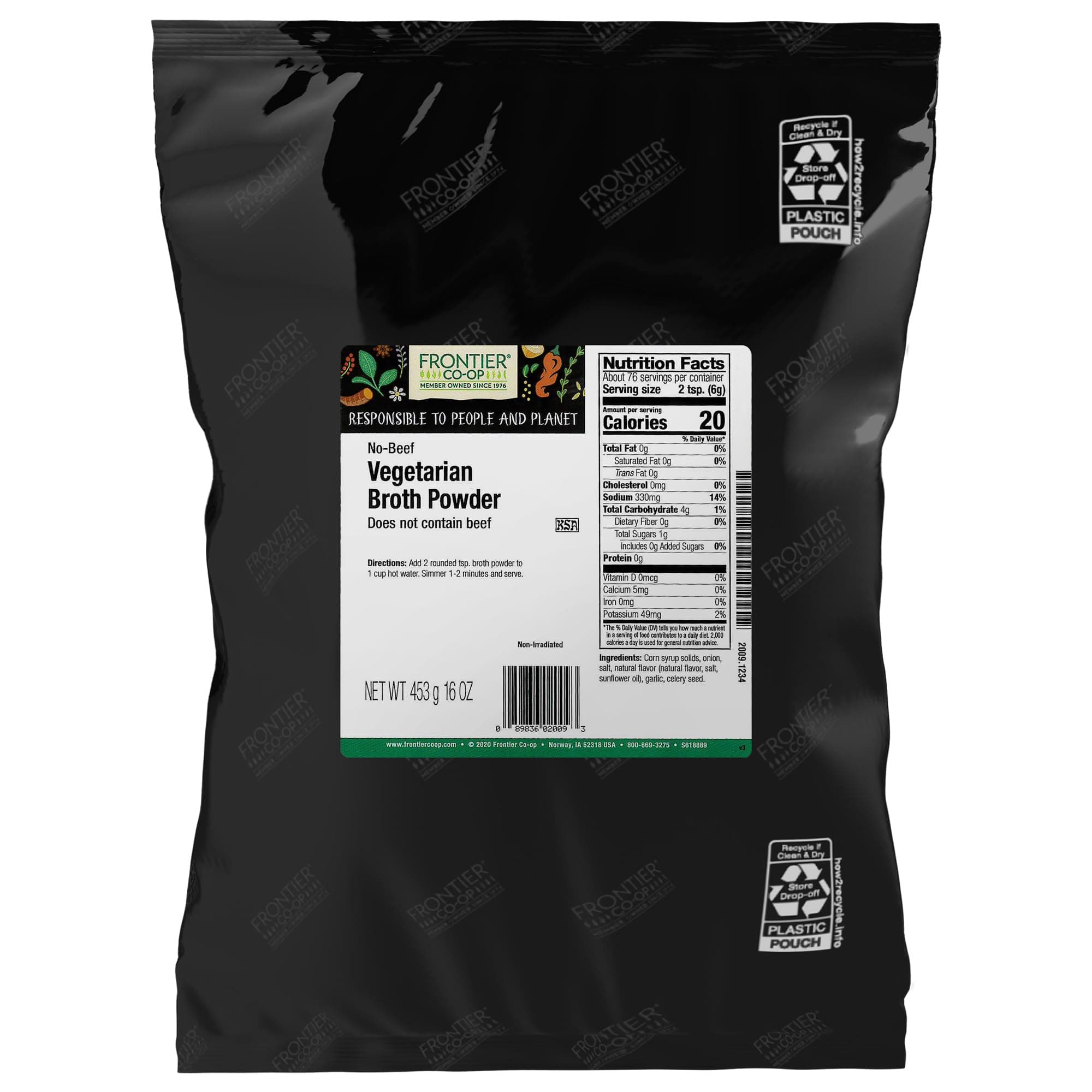 Frontier Co-op No Beef Broth Powder, 1-Pound Bulk Bag, Vegetarian Beef Broth, Soup Base, Gravy, Hot Drink, Kosher