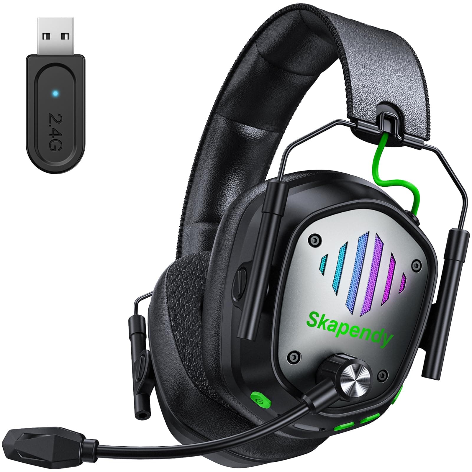 Skapendy Wireless Gaming Headset for PS5,PC,Mac, 2.4GHz Wireless & Bluetooth 5.4 RGB Gaming Headphones with Noise-Canceling Mic, Low Latency, Stereo Sound, 50Hr Battery Life, Black