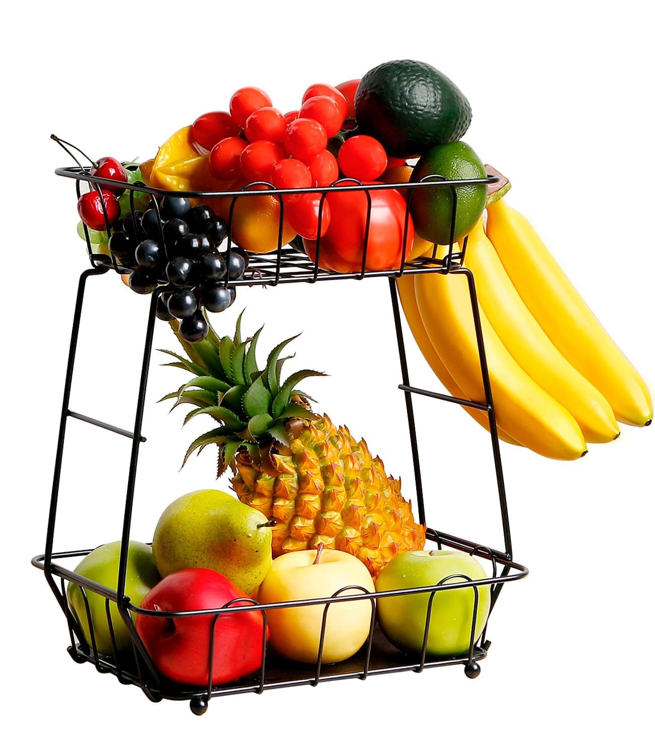 NUTRIUPS Fruit Basket for Kitchen Counter,2 Tier Fruit Bowl with Banana Hanger, Counter Top Basket Storage for Fruits Snacks Vegetables, Black