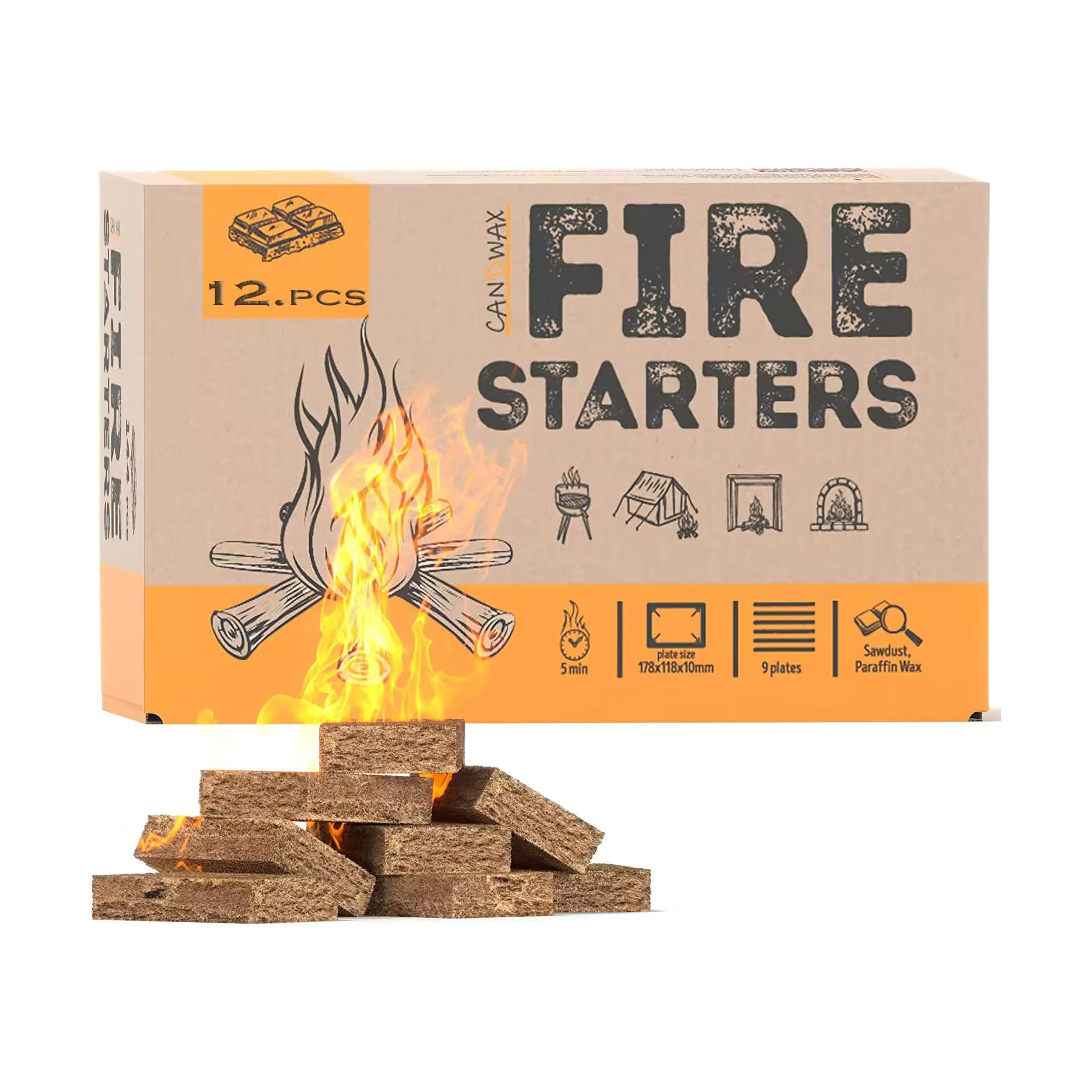 Natural Fire Starters for Fireplace, Campfires, Fire Pit, BBQ Grill, Wood Stove, All Weather Charcoal Starter, Firelighters & Odorless Fire Starter (12 Cube)