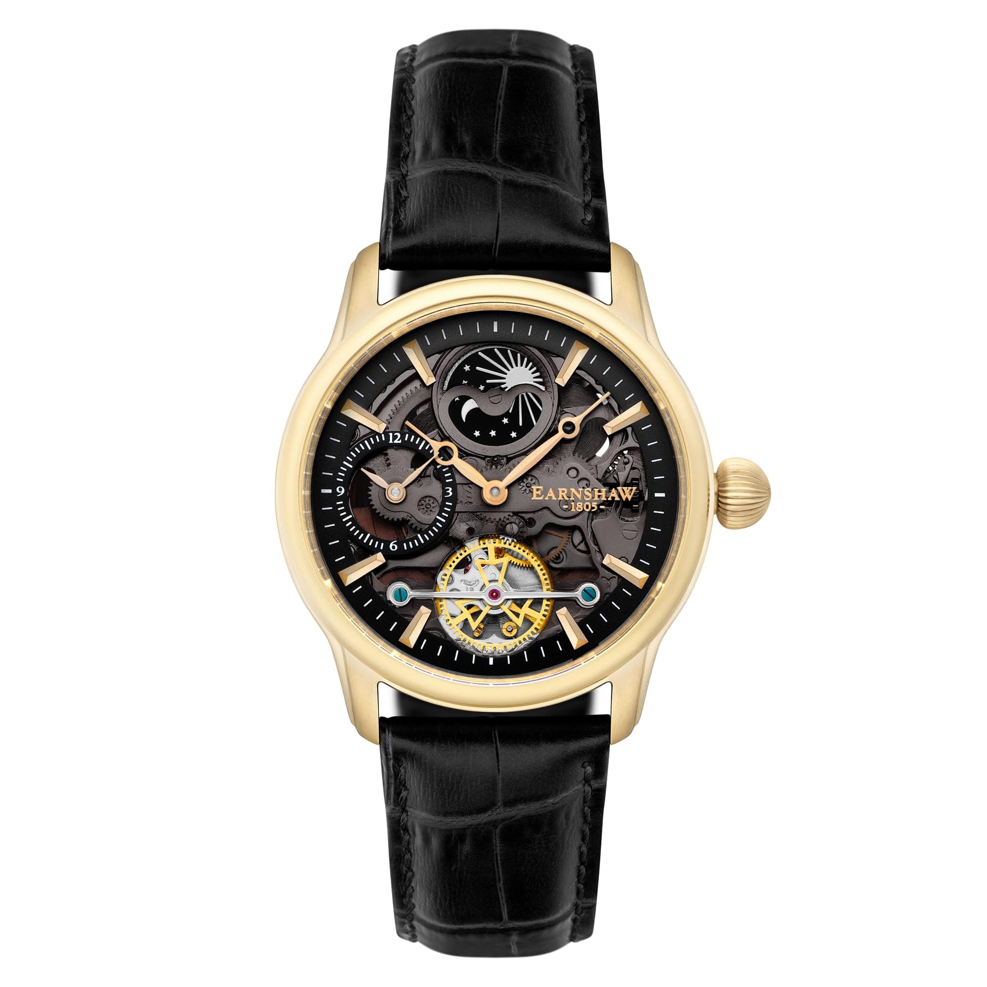 Mens 44mm Longitude Dual Time Automatic Skeleton Watch with Genuine Leather Strap ES-8063