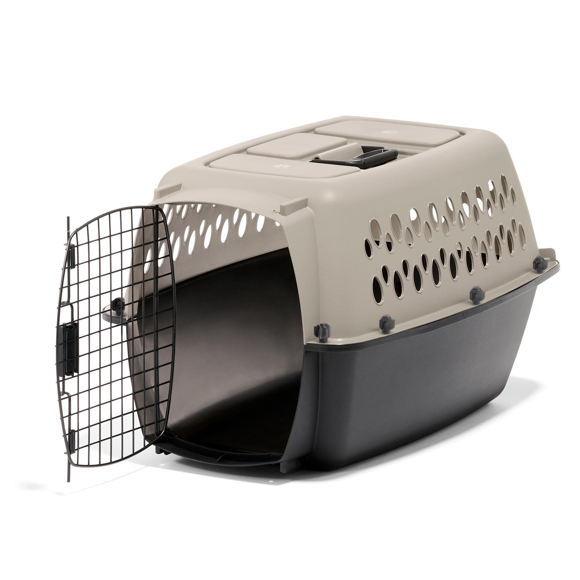 Vari Dog Kennel Portable Carriers & Crates for Smaller Dogs or Puppies and Pets 10 to 20 lbs, Airline-Friendly Plastic Pet Carrier Home and Travel, 24" Long, Taupe & Black, 24” x 16.7” x 14.5”