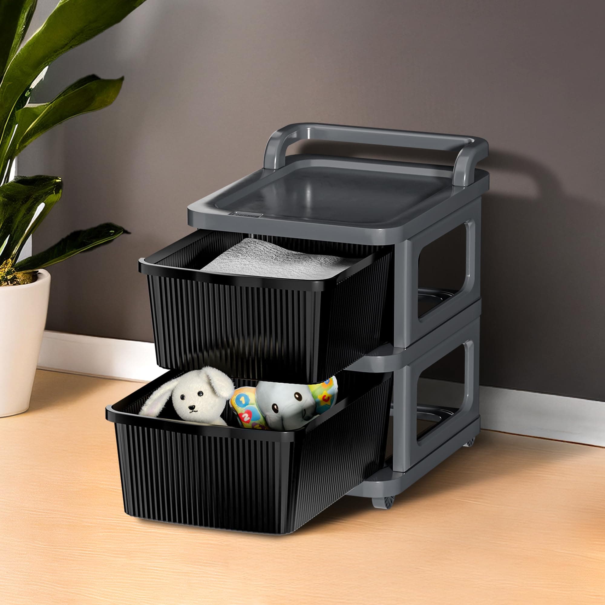 Kuber Industries 2 Layer Heavy Duty Plastic Storage Drawer with Wheels | Modular Cabinet for Bedroom, Office, Home | Chest of Drawers Organiser for Cosmetics, Kitchen items, Toys | Grey & Black