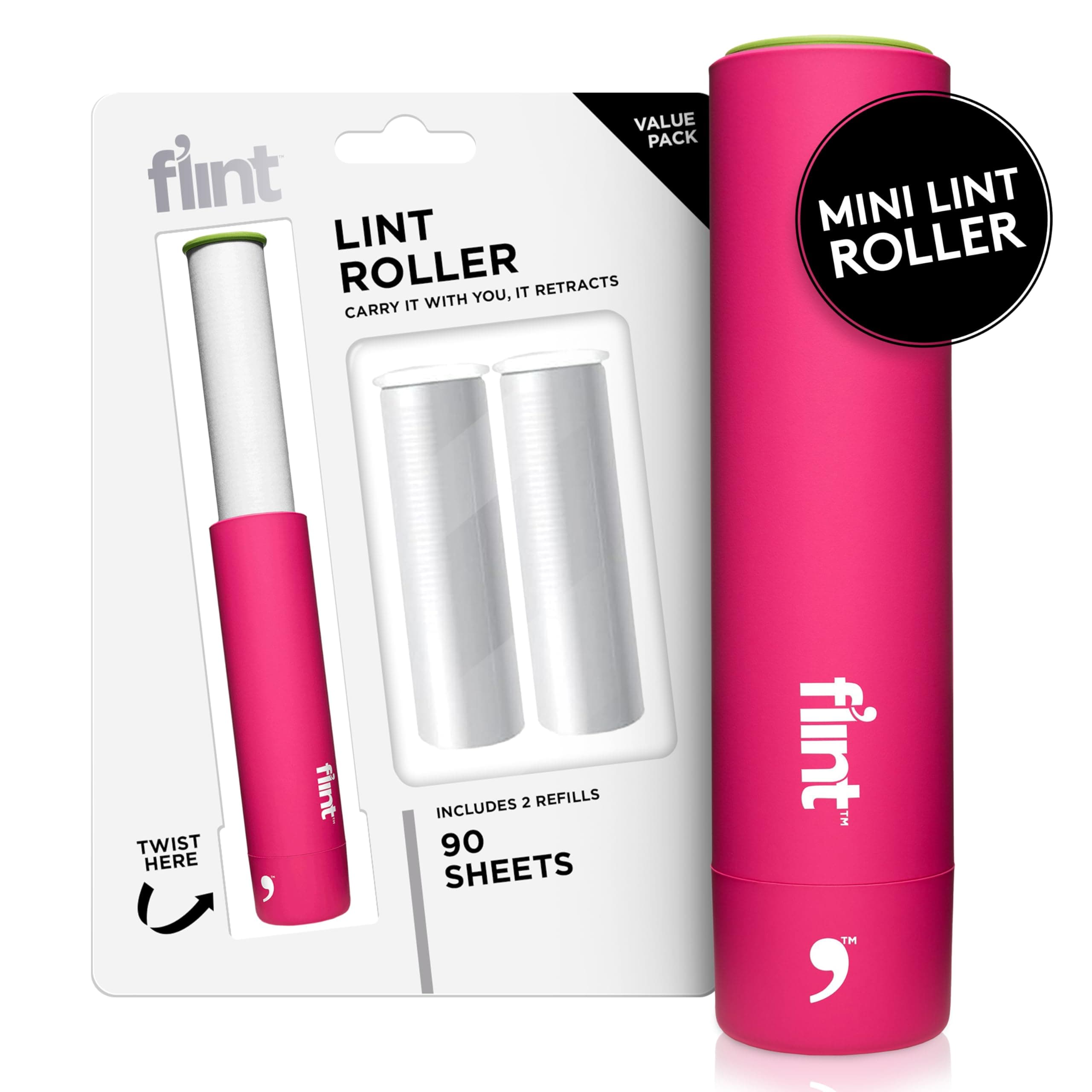 Flint Classic Pink Retractable Mini Lint Roller with 90 Extra Sticky Sheets, Small and Portable Lint Roller, Ideal Pet Hair Remover, Travel Lint Rollers for pet Hair Extra Sticky
