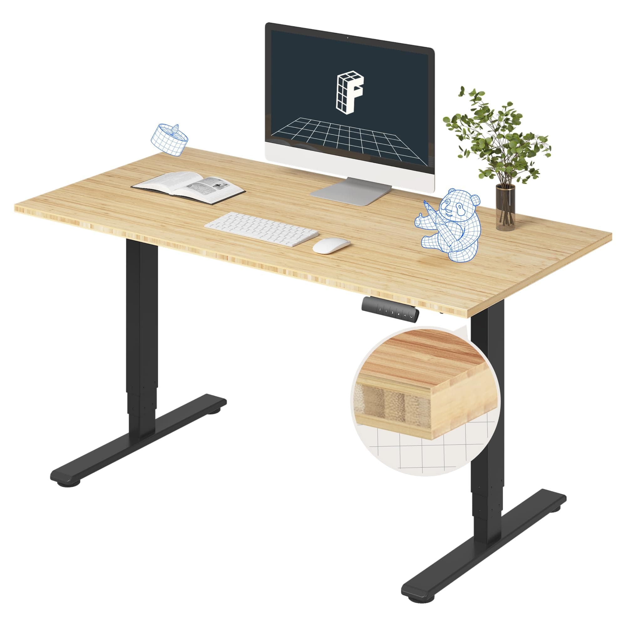 E6 Bamboo 3-Stage Dual Motor Electric Standing Desk 55 x 28 Sit Stand Up Desk, Holds 220 lbs, Adjustable Height w/ Memory Presets, Solid Bamboo Desktop & Black Frame, Ships in 2 Boxes