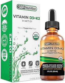 SBR Nutrition Max Absorption Vitamin D3 + K2 Liquid Drops with Mct Oil, Peppermint Flavor, Helps Support Strong Bones and Healthy Heart